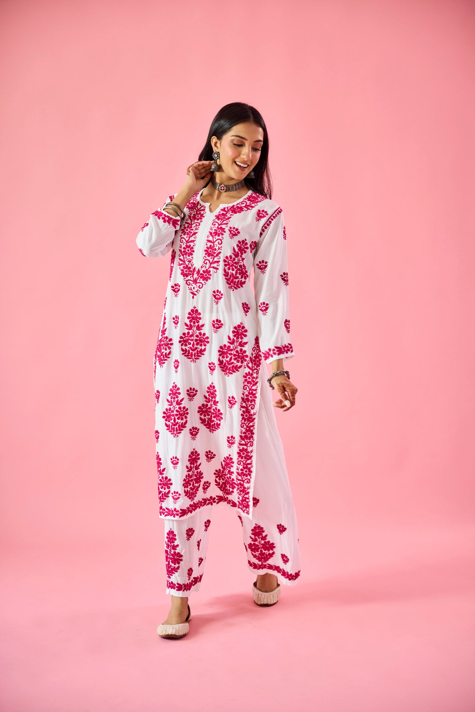 Lakshita Pink & White Modal Hand Embroidered Chikankari Kurta & Pant Set