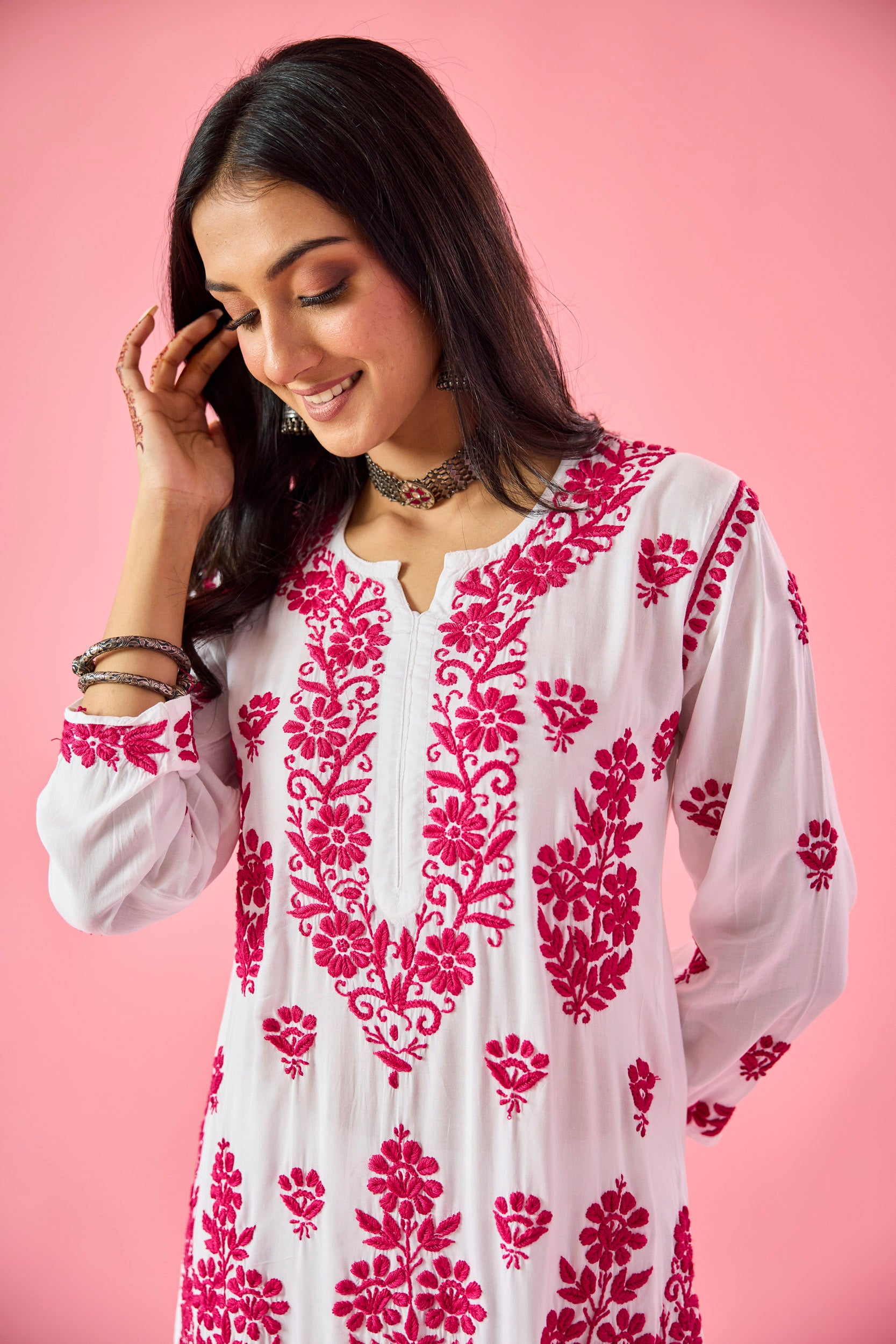 Lakshita Pink & White Modal Hand Embroidered Chikankari Kurta & Pant Set