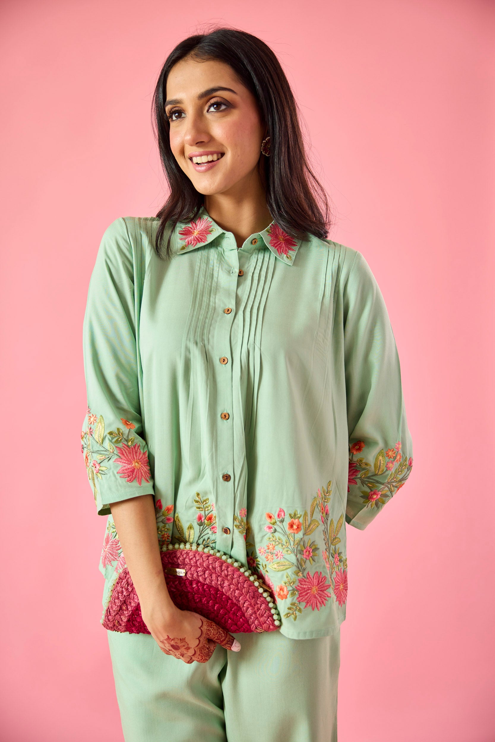 Dewdrop Mint Green Cotton Embroidered Co-ord Set