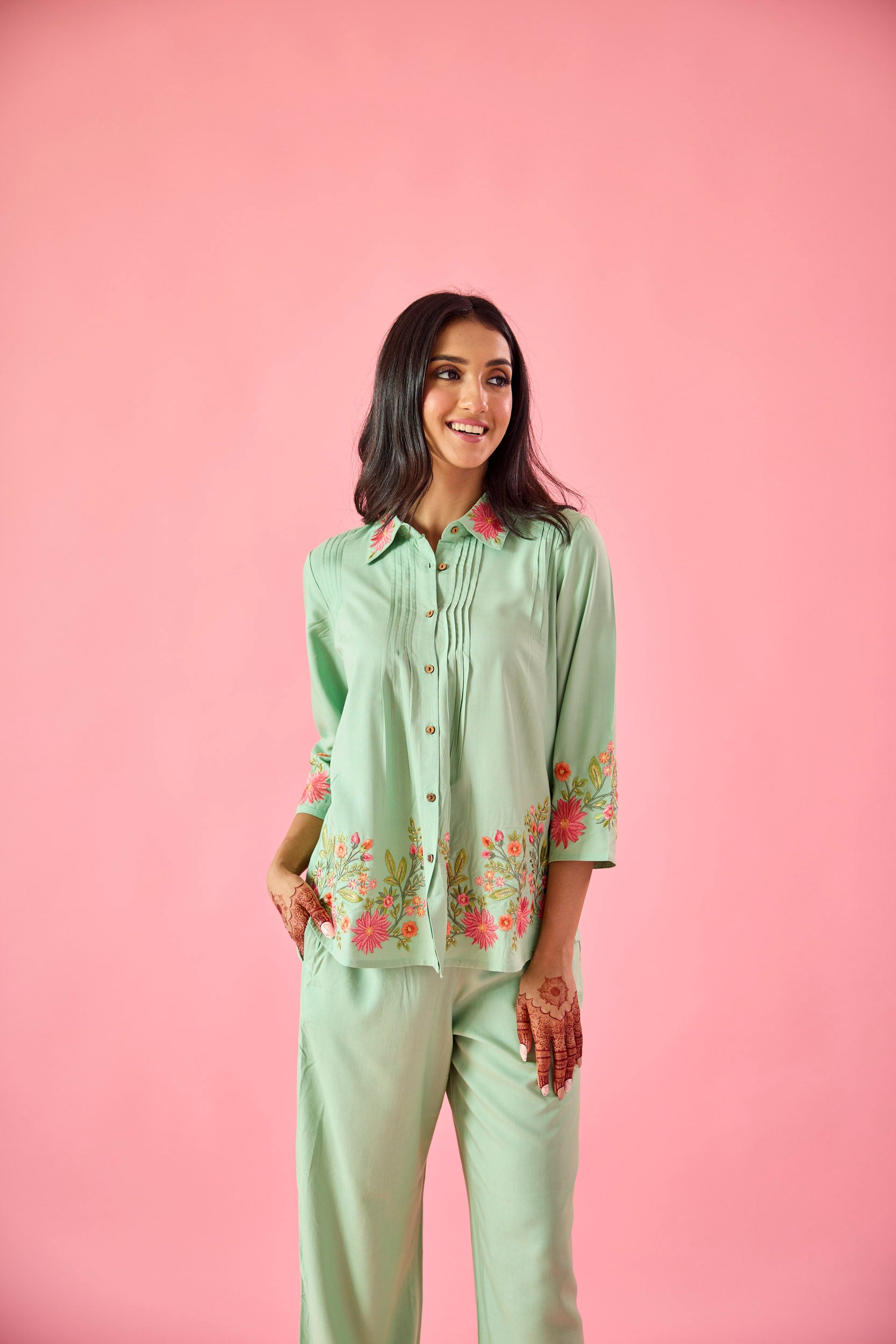 Dewdrop Mint Green Cotton Embroidered Co-ord Set