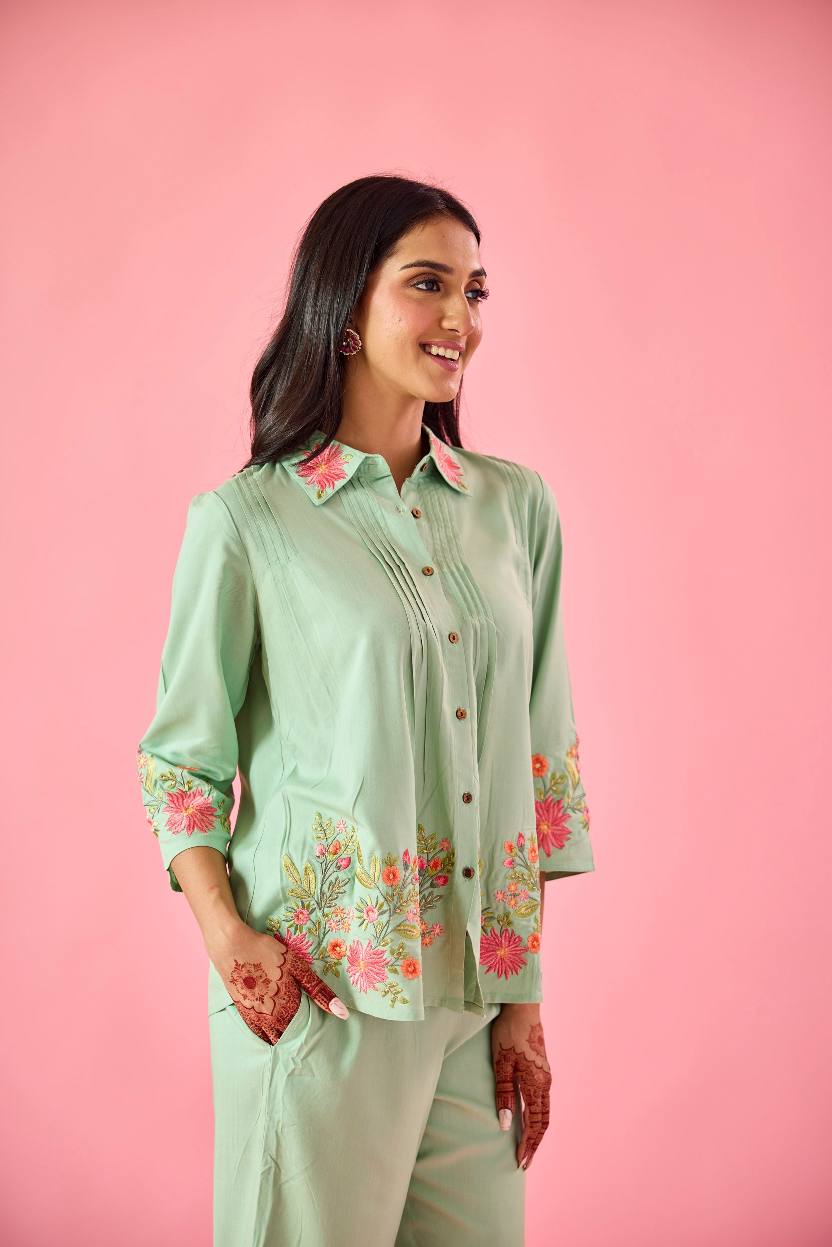 Dewdrop Mint Green Cotton Embroidered Co-ord Set