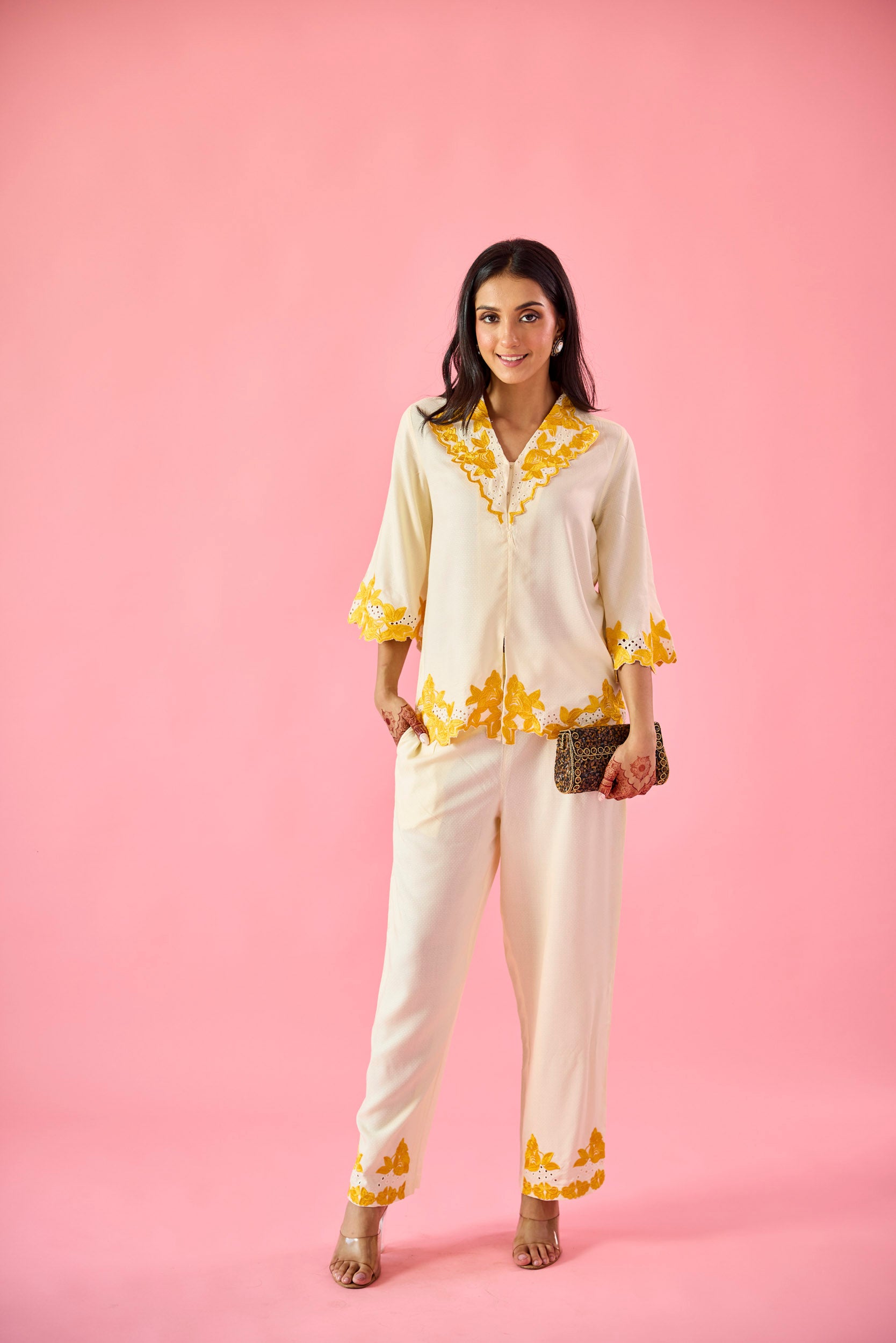 Gossamer Cream & Yellow Cotton Embroidered Co-ord Set