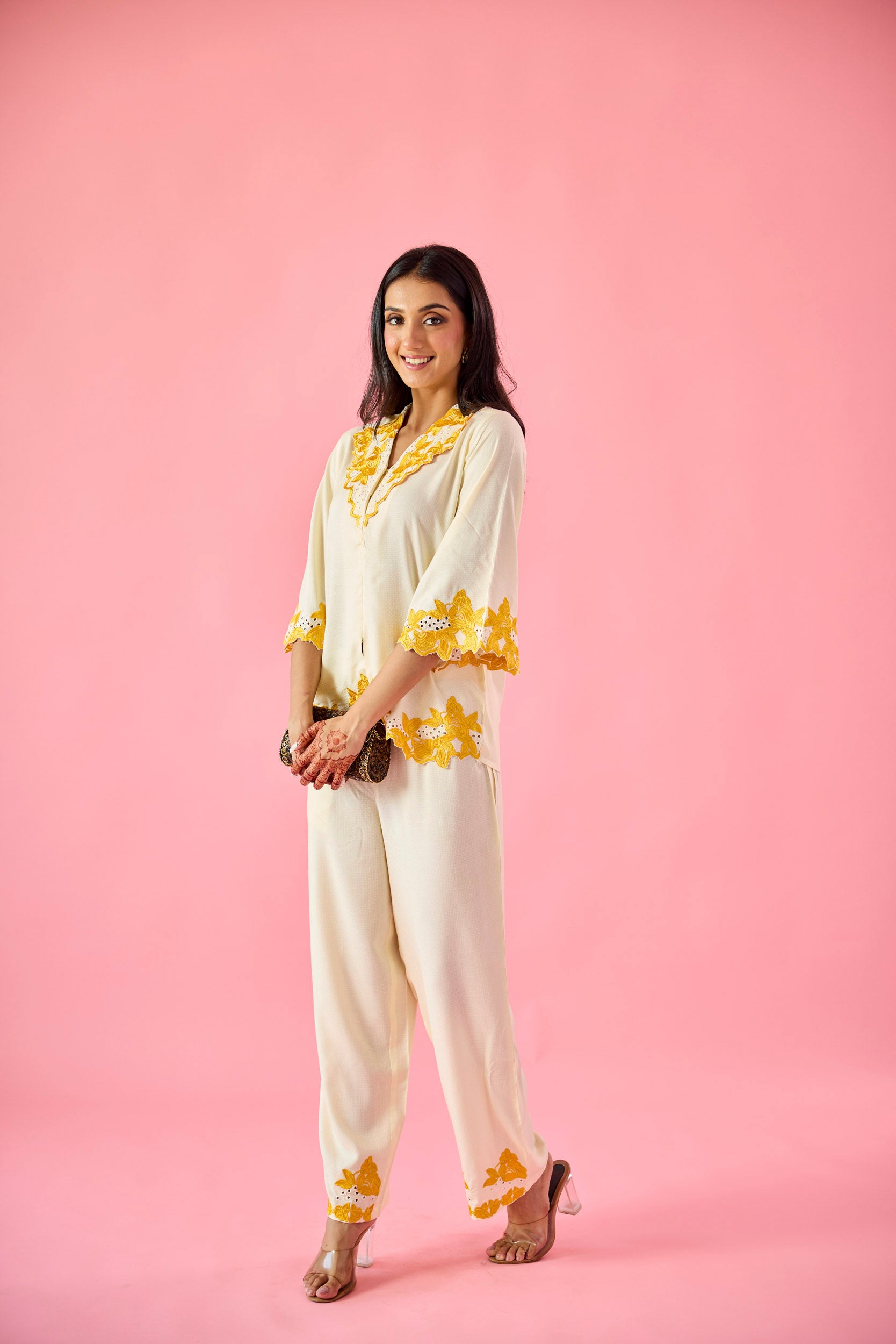 Gossamer Cream & Yellow Cotton Embroidered Co-ord Set