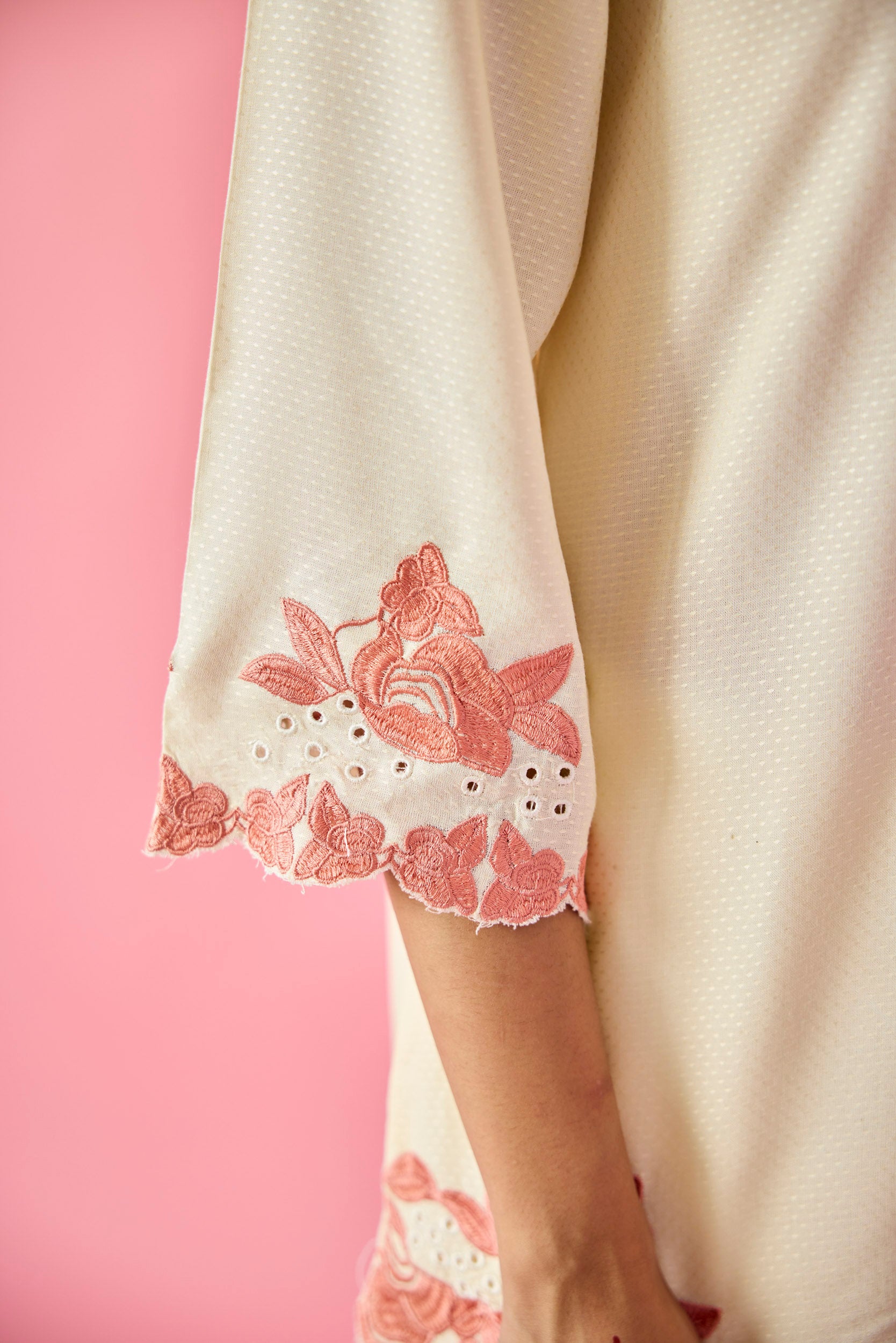 Lush Cream & Peach Cotton Embroidered Co-ord Set