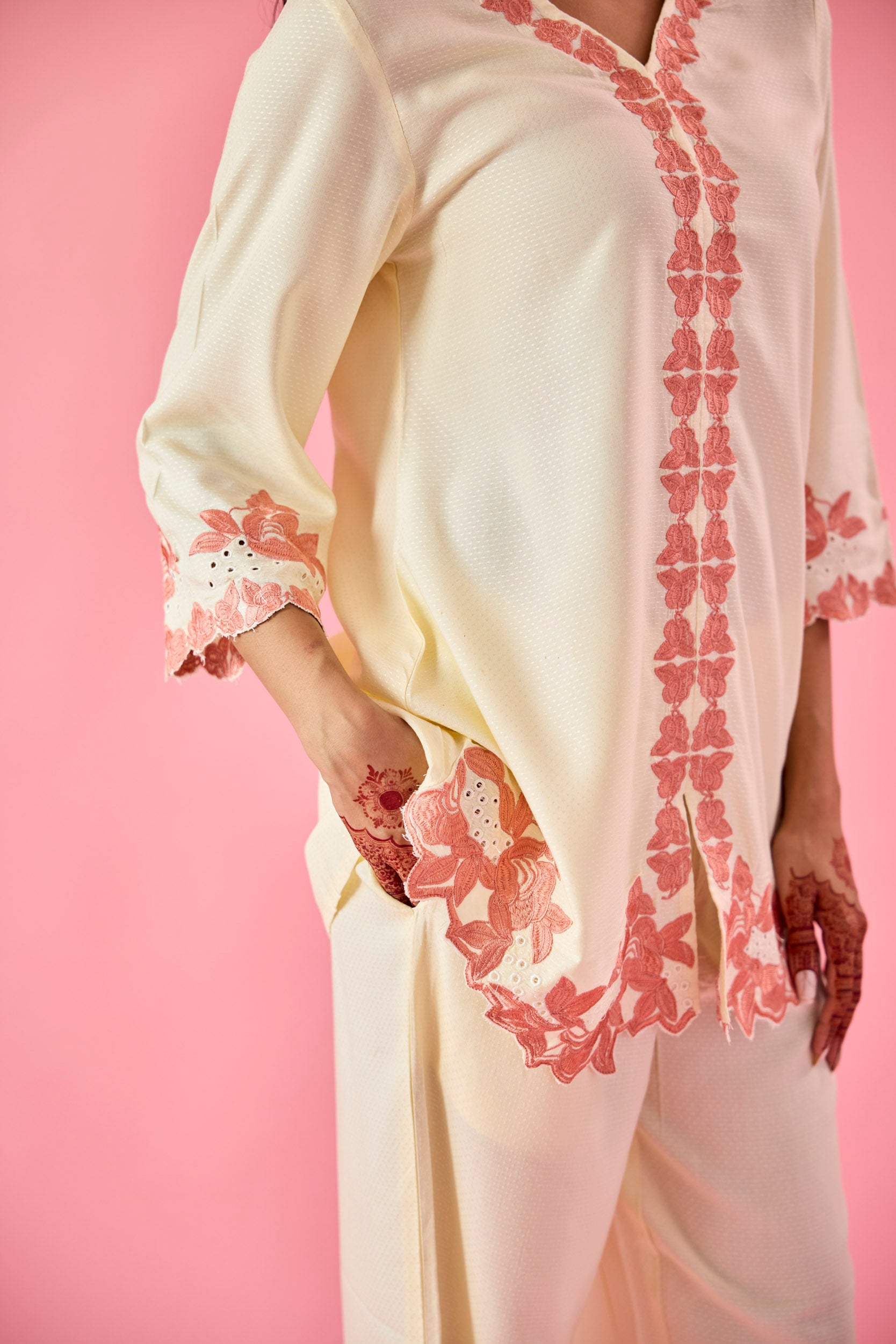 Lush Cream & Peach Cotton Embroidered Co-ord Set