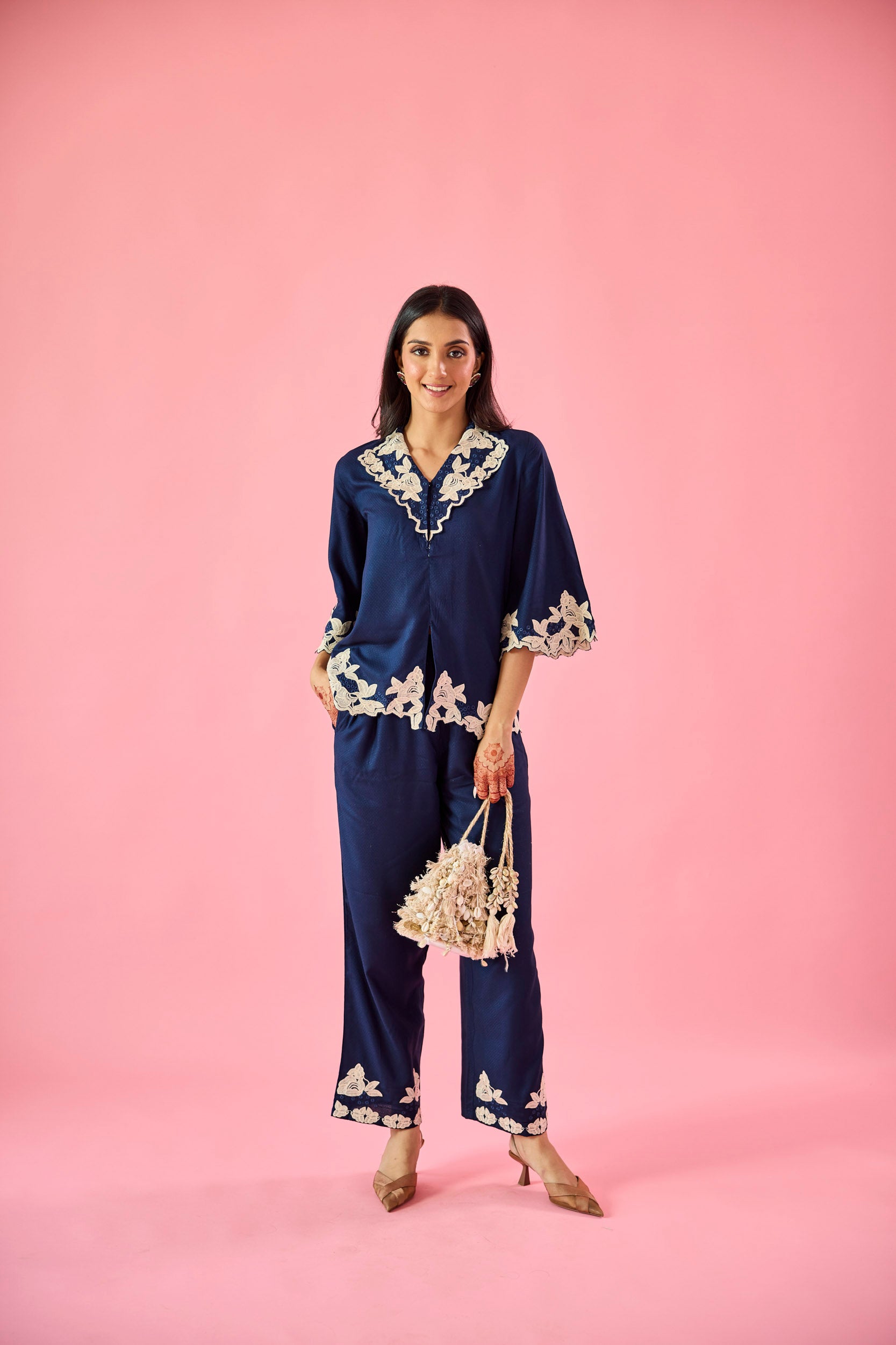 Breeze Navy Blue Cotton Embroidered Co-ord Set