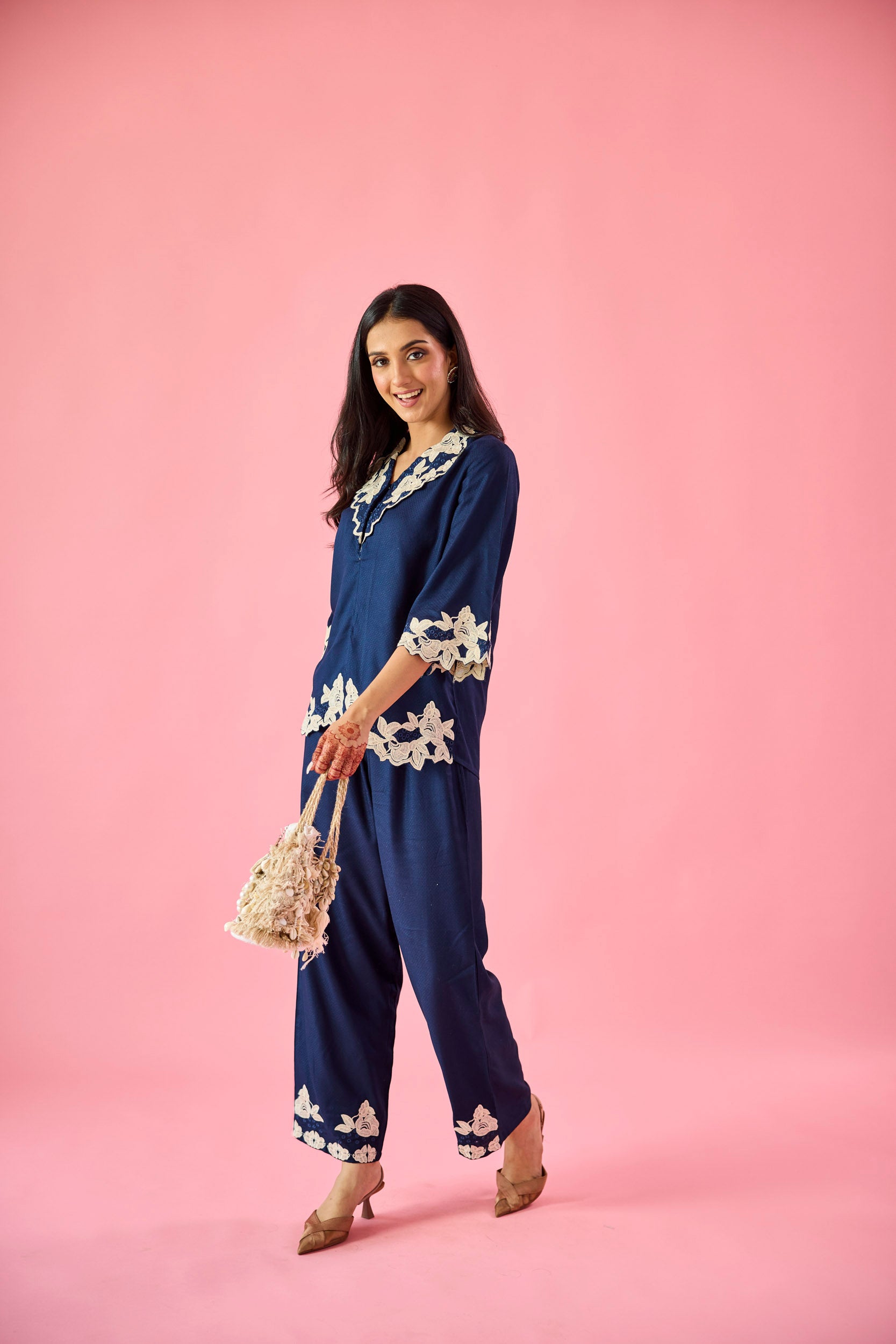 Breeze Navy Blue Cotton Embroidered Co-ord Set