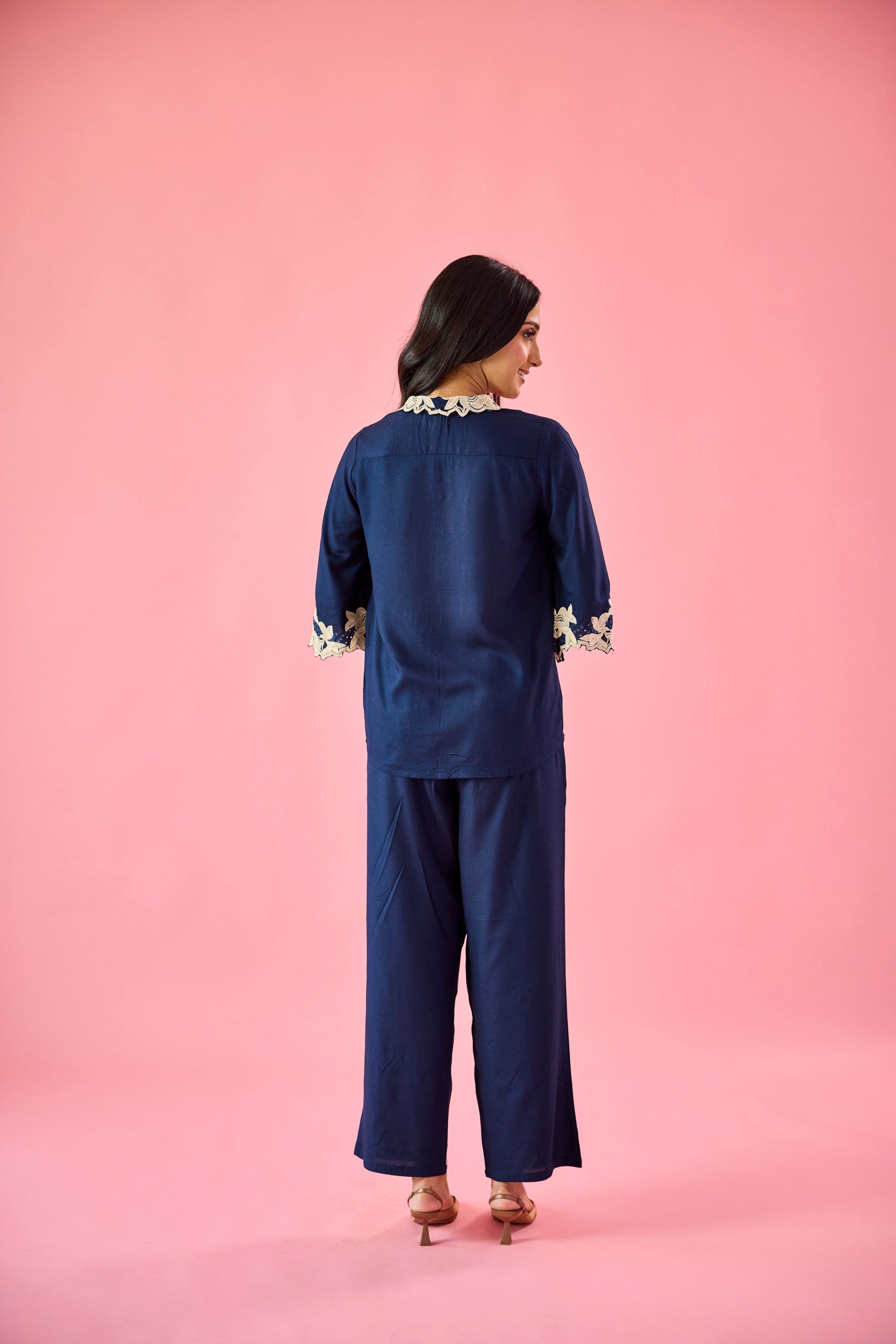 Breeze Navy Blue Cotton Embroidered Co-ord Set