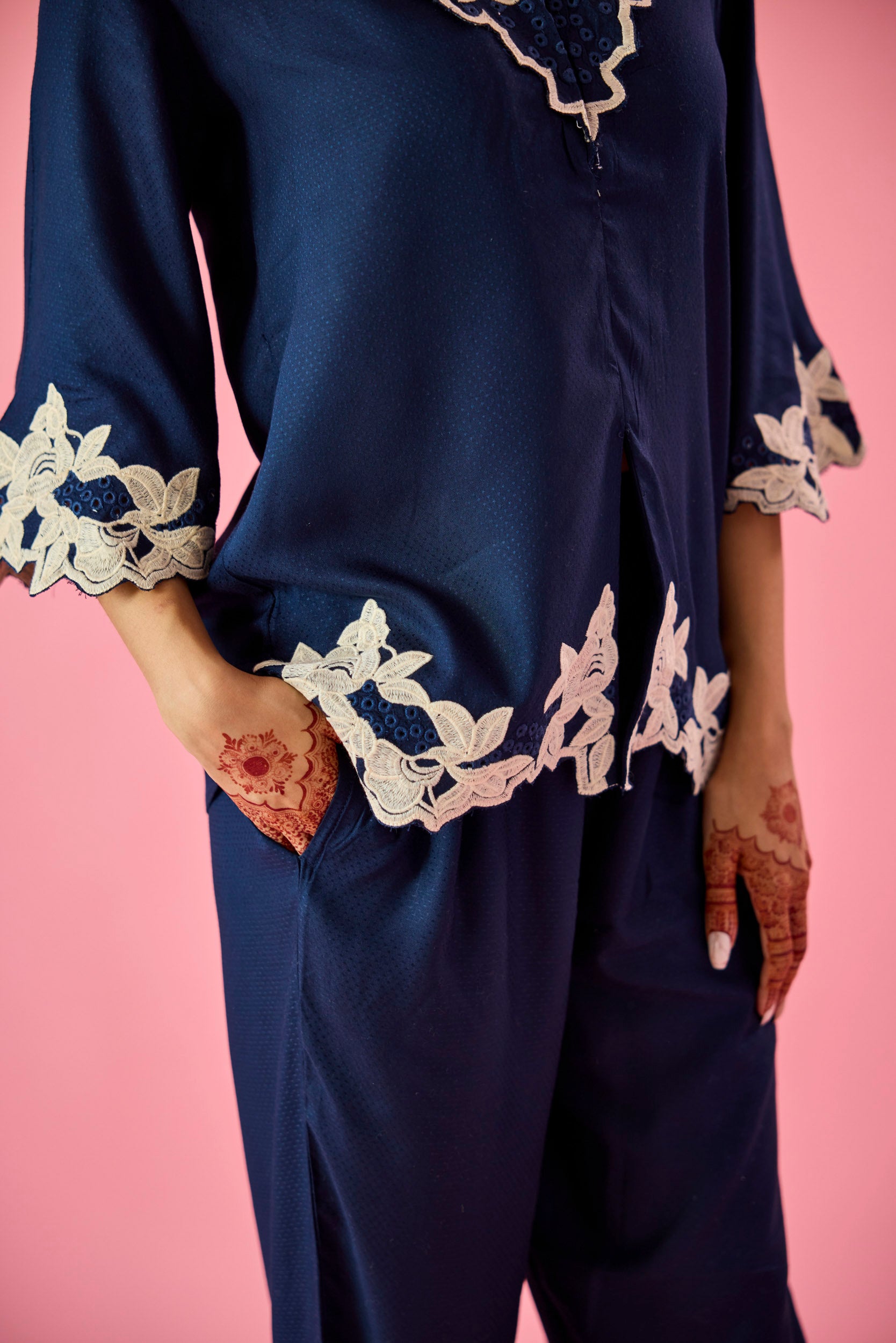 Breeze Navy Blue Cotton Embroidered Co-ord Set