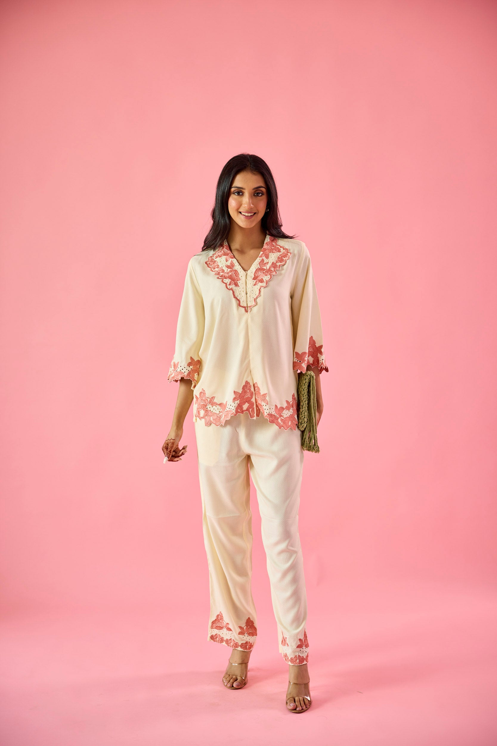 Petal Cream & Peach Cotton Embroidered Co-ord Set