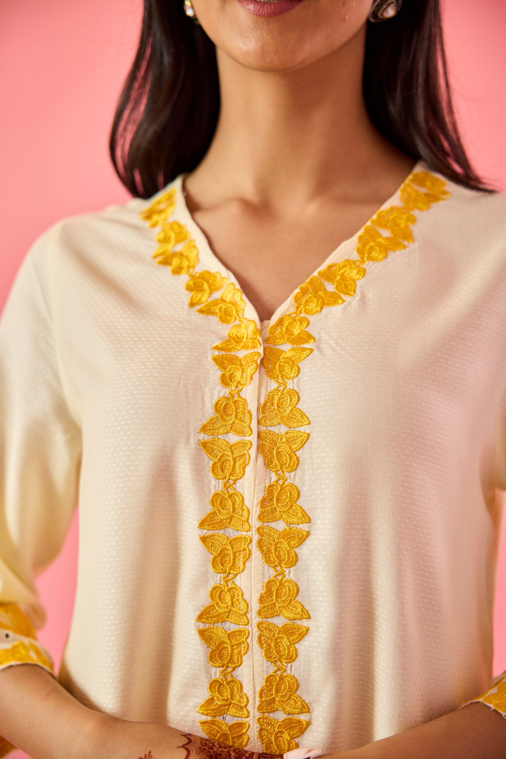 Blossom Cream & Yellow Cotton Embroidered Co-ord Set