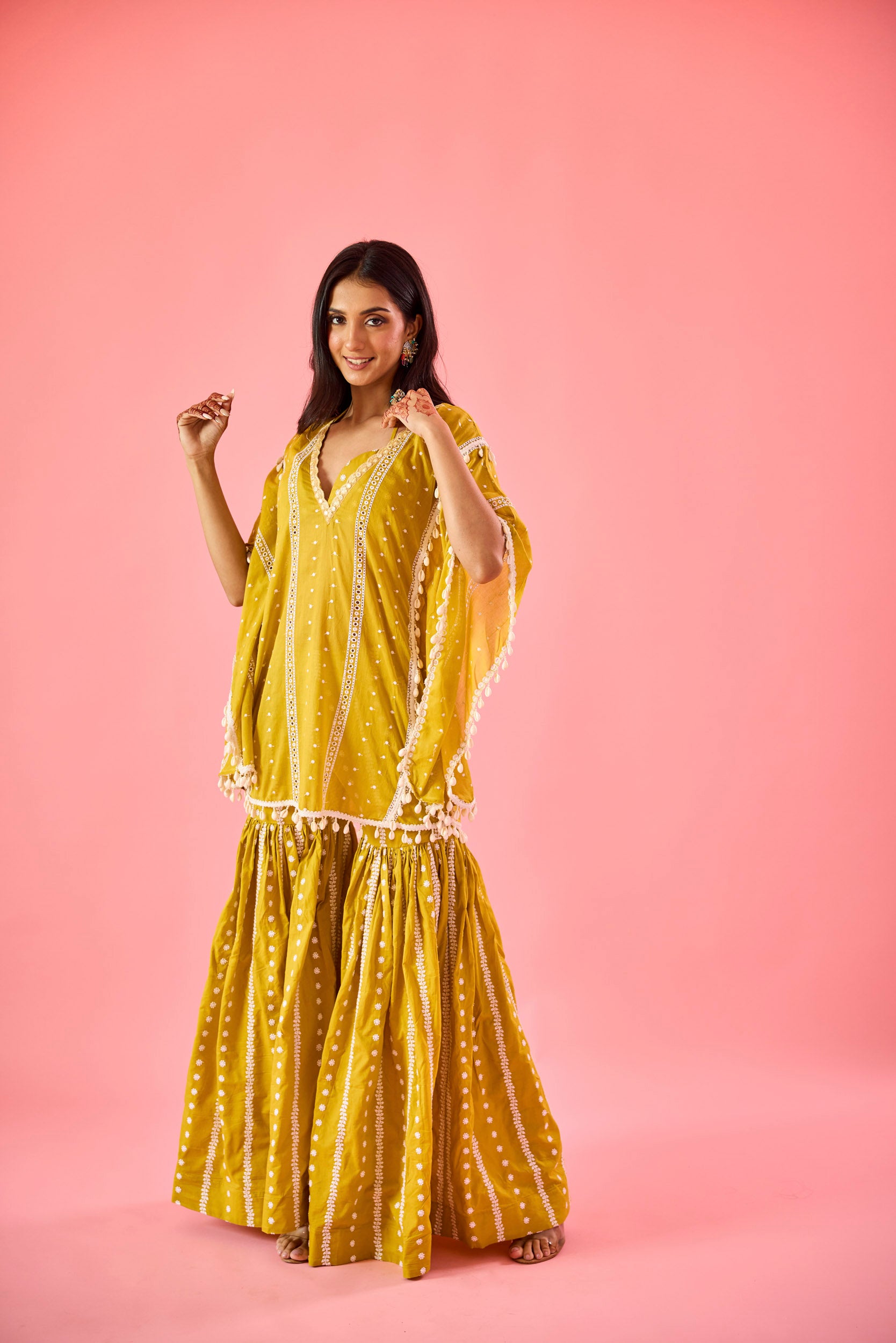 Naina Yellow Embroidered Cotton Kaftan, Blouse and Sharara Set