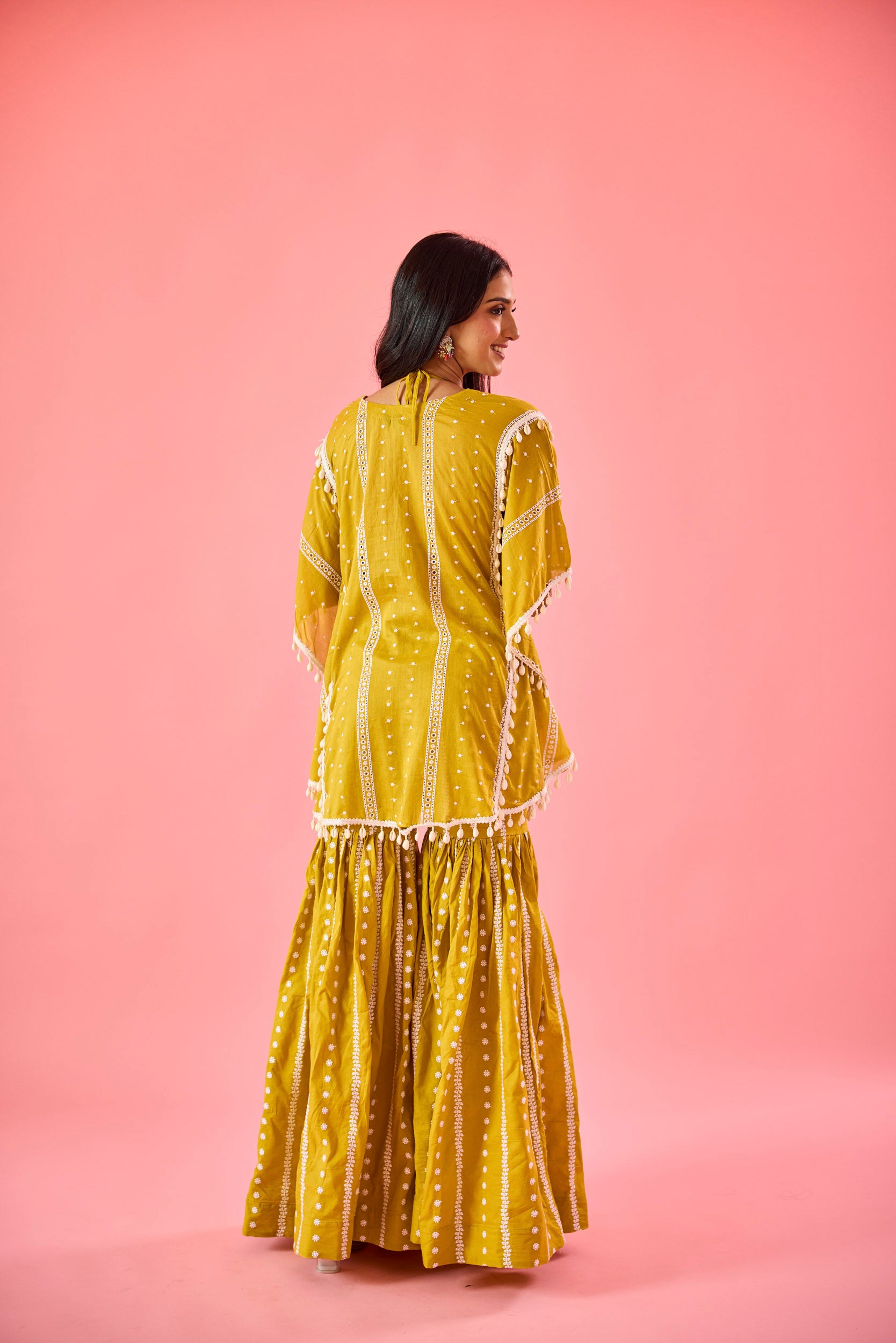 Naina Yellow Embroidered Cotton Kaftan, Blouse and Sharara Set