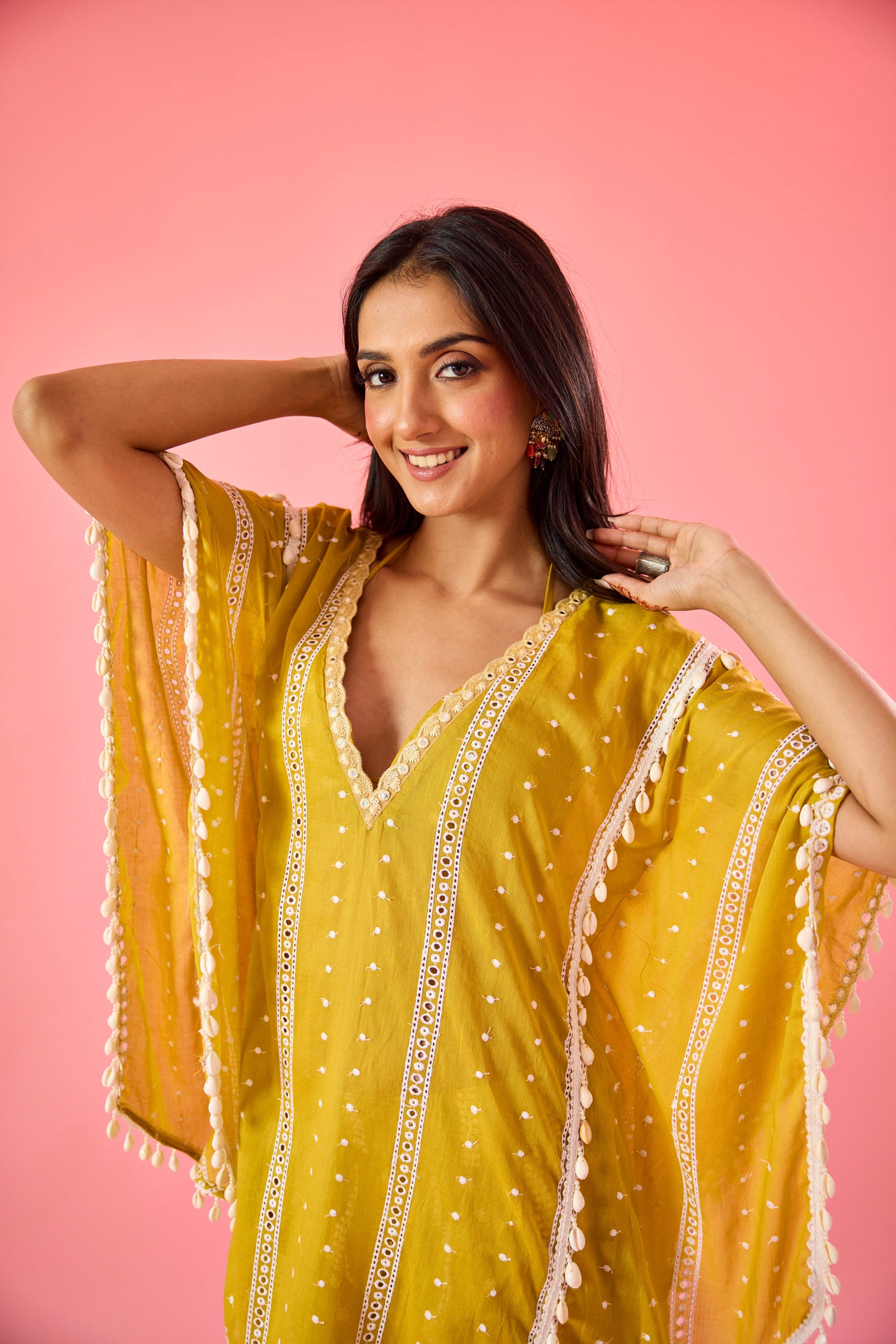 Naina Yellow Embroidered Mulmul Kaftan