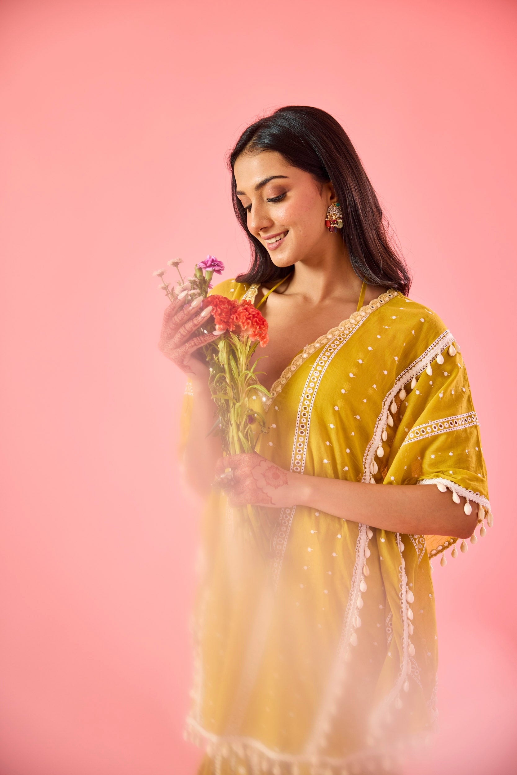 Naina Yellow Embroidered Cotton Kaftan, Blouse and Sharara Set