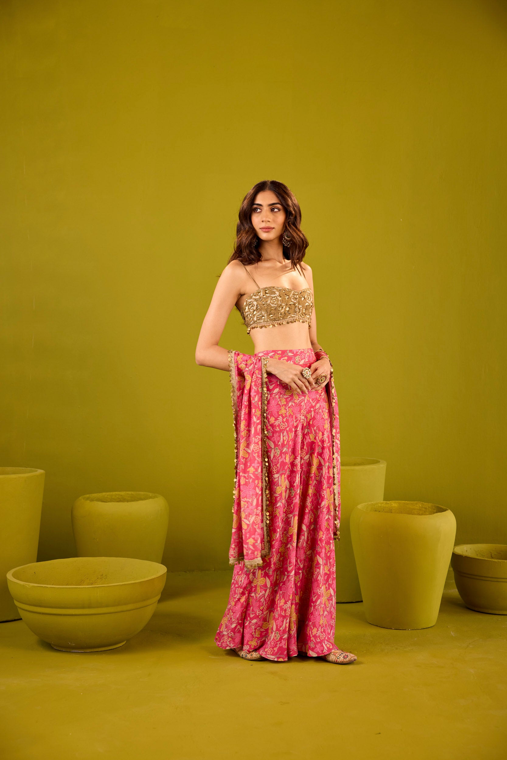 Mannat Hot Pink Muslin Sharara Set With Gold Embroidered Blouse