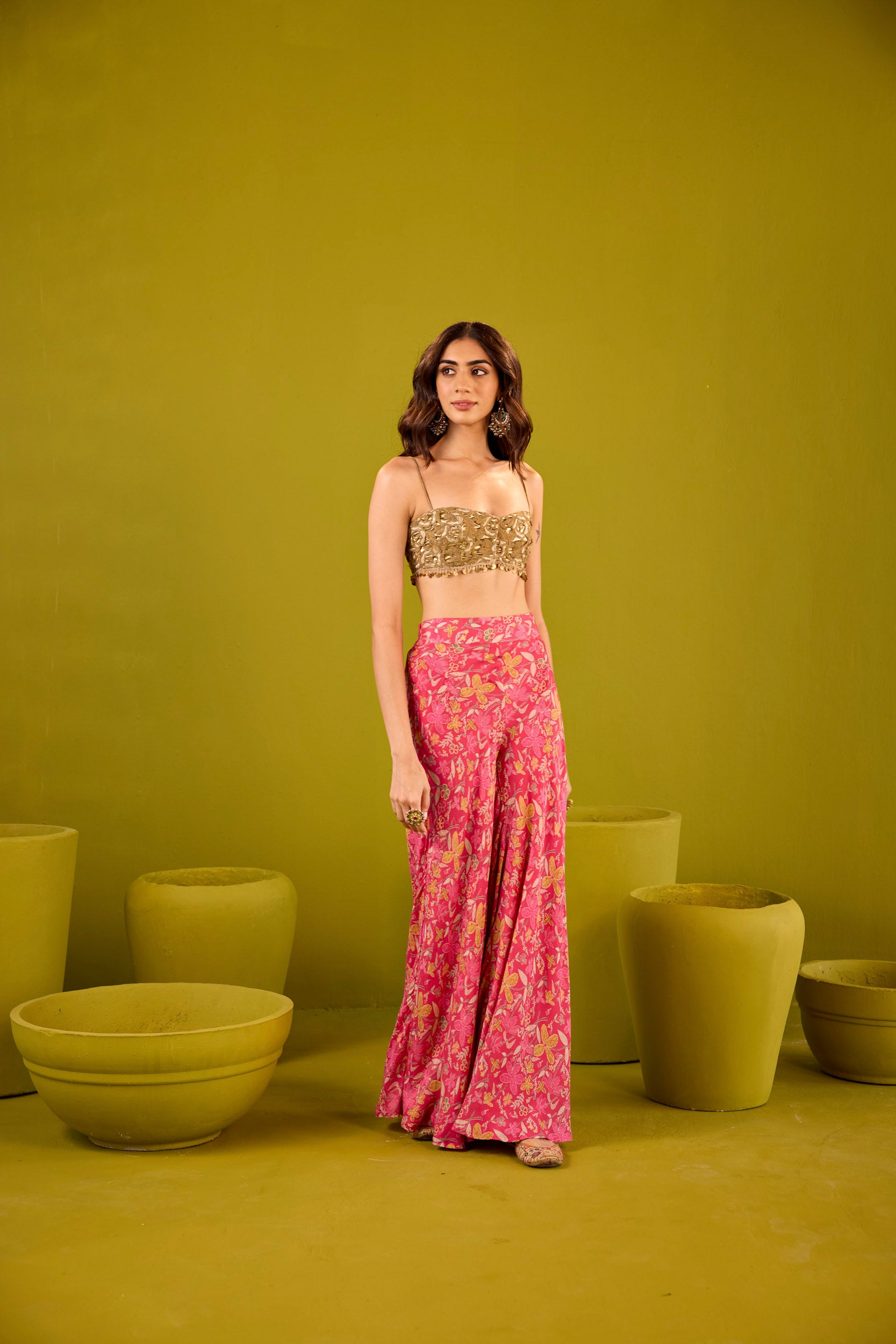 Mannat Hot Pink Muslin Sharara Set With Gold Embroidered Blouse