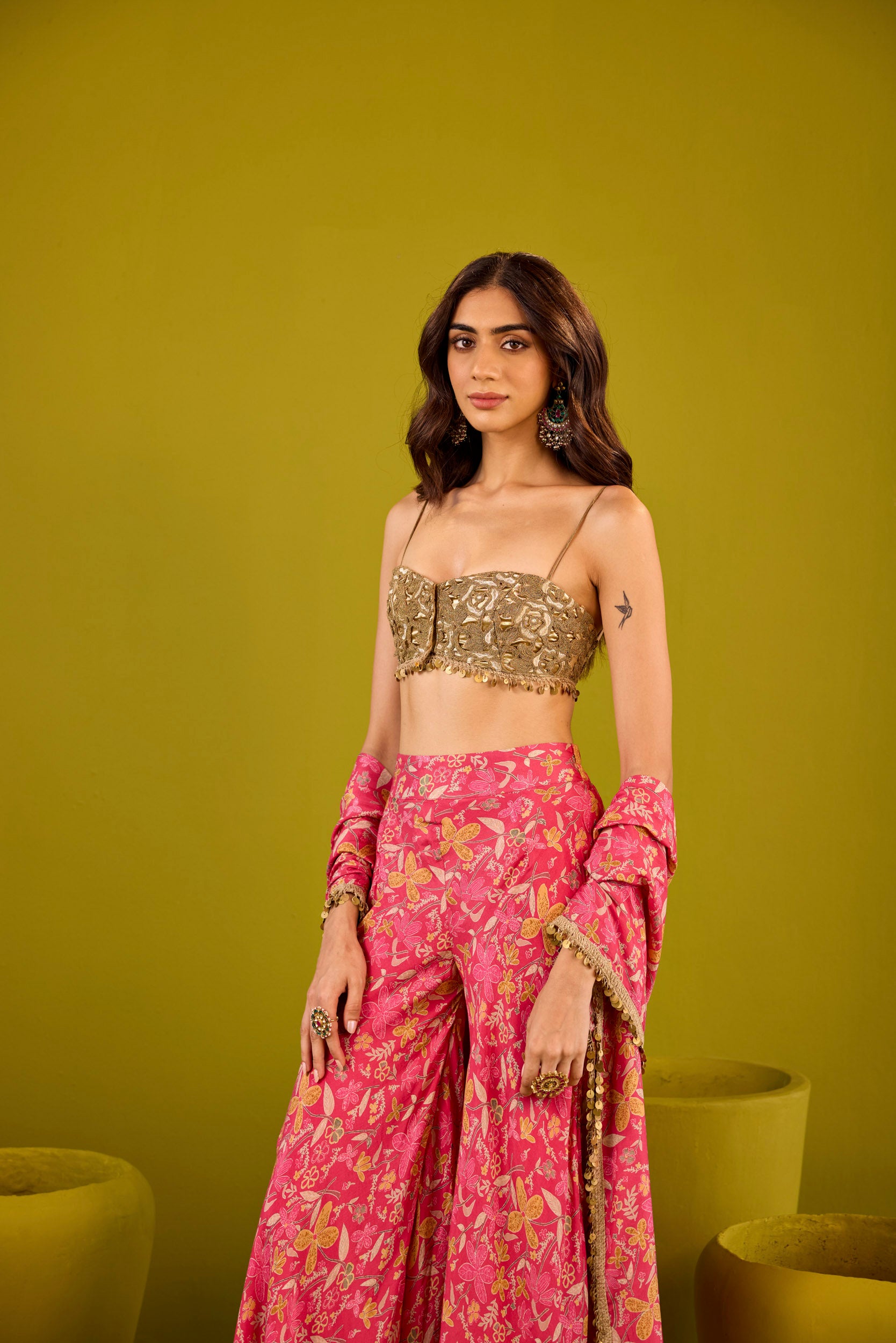 Mannat Hot Pink Muslin Sharara Set With Gold Embroidered Blouse