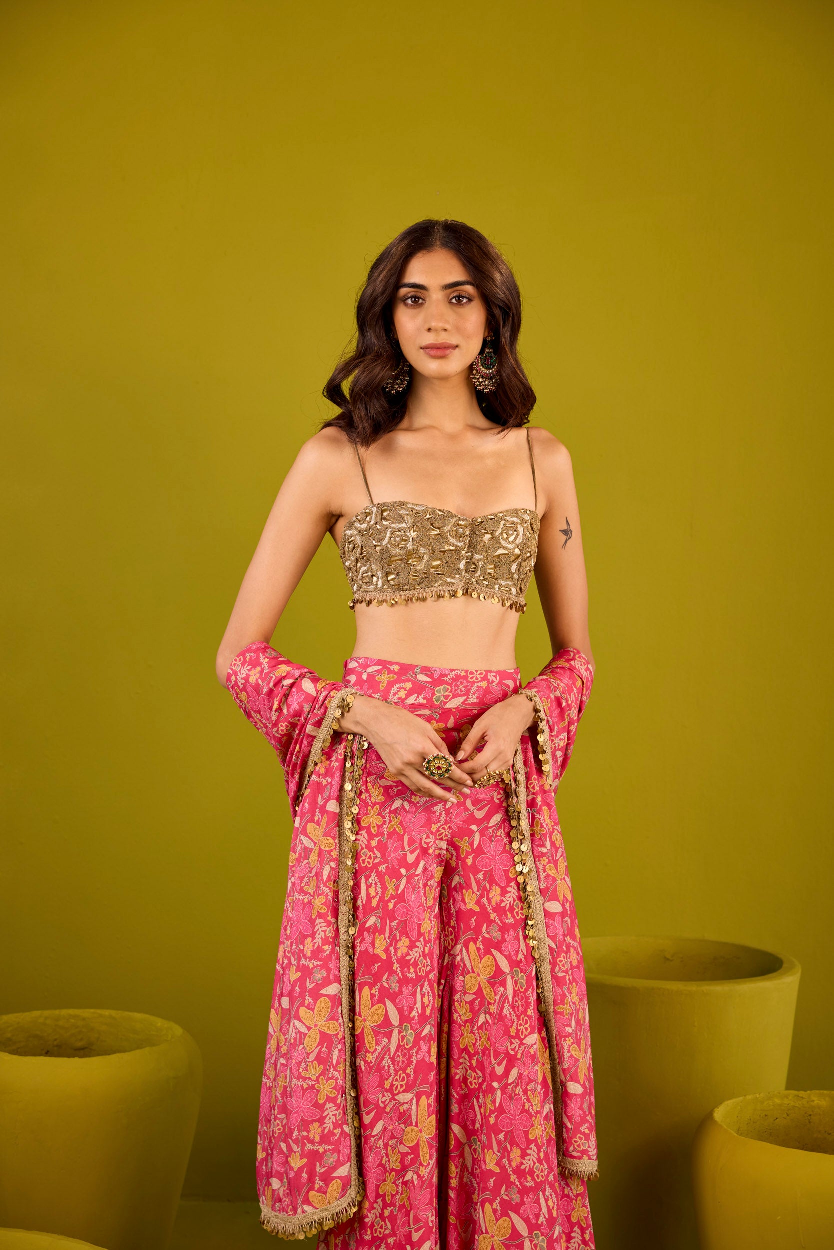 Mannat Hot Pink Muslin Sharara Set With Gold Embroidered Blouse