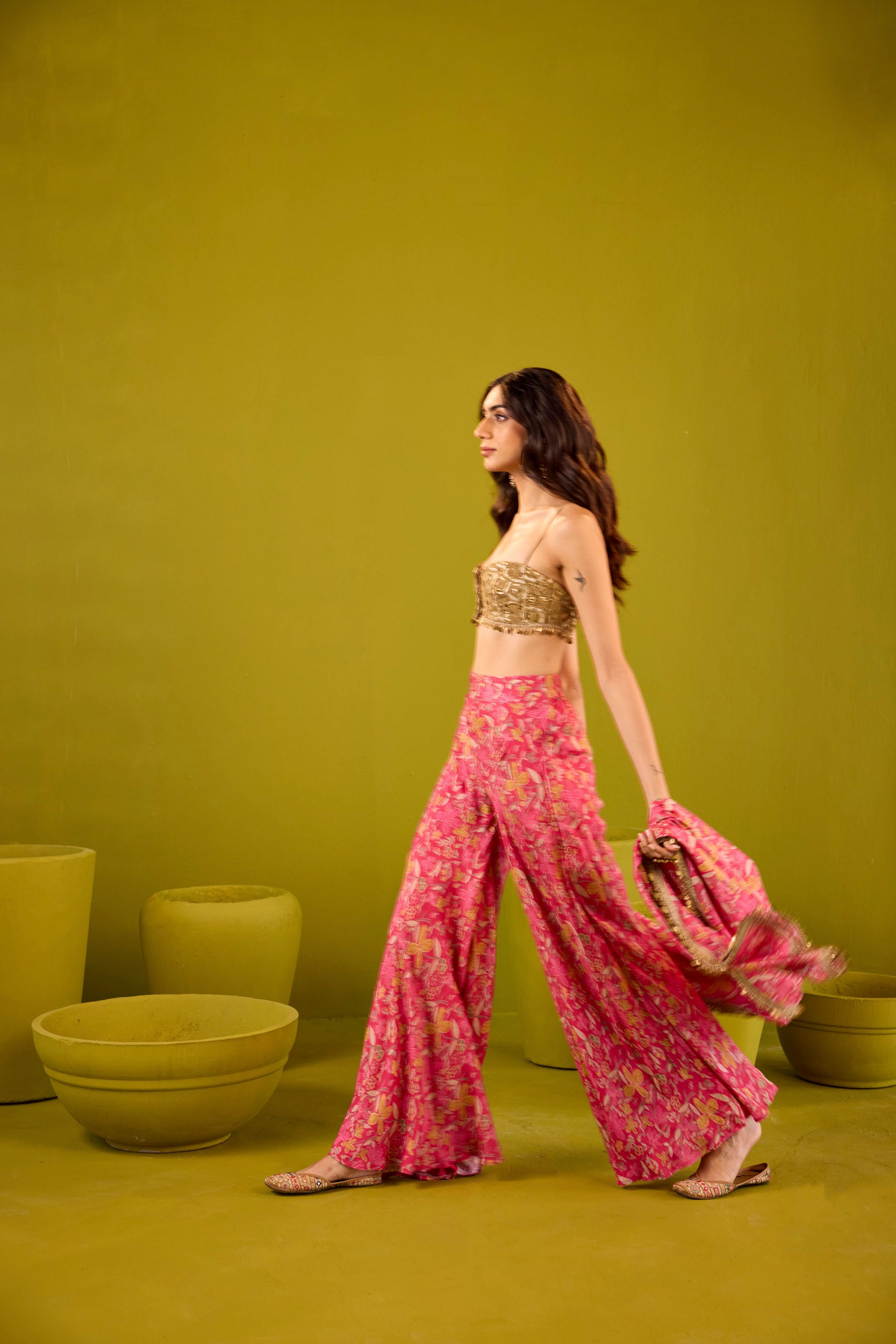 Mannat Hot Pink Muslin Sharara Set With Gold Embroidered Blouse