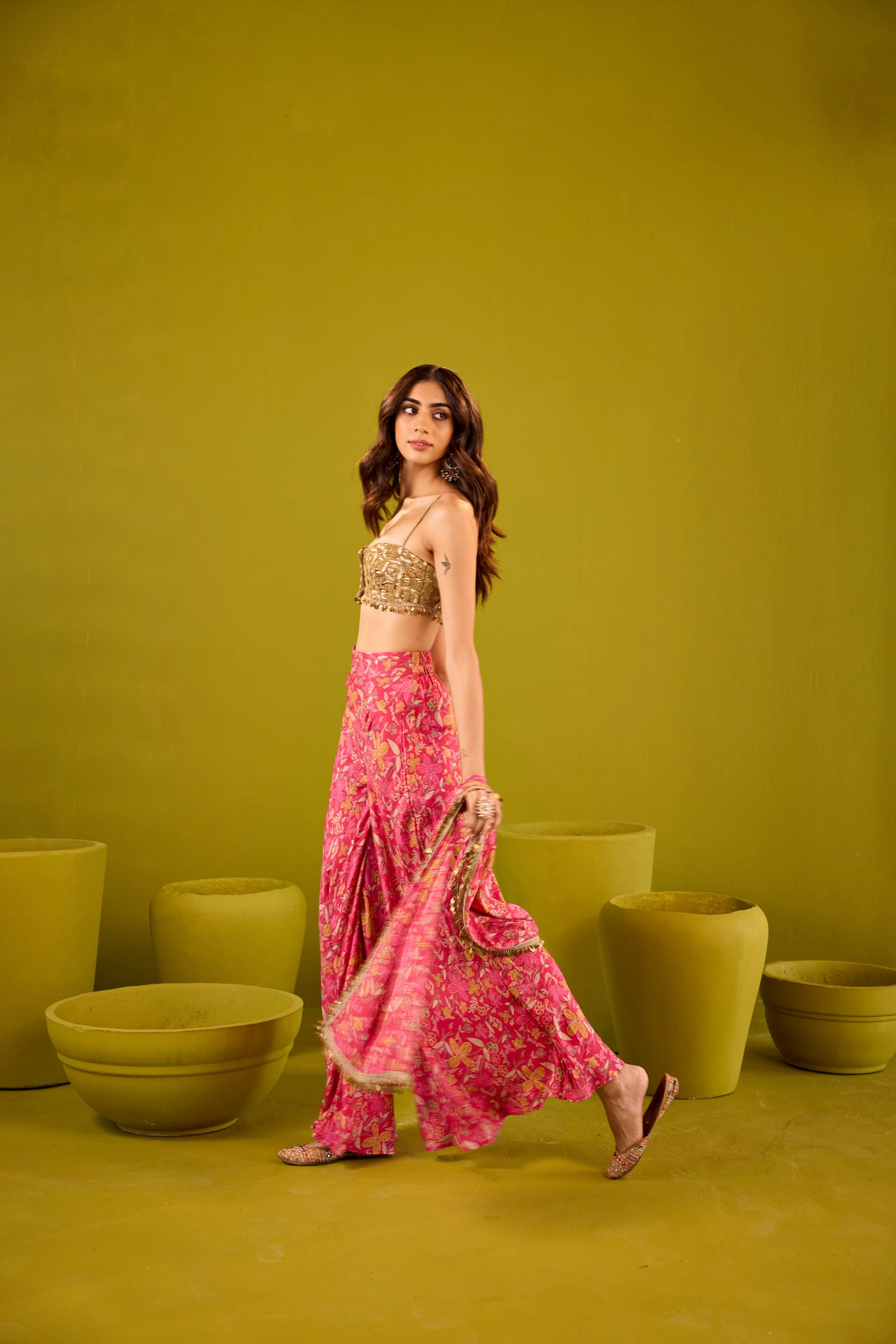 Mannat Hot Pink Muslin Sharara Set With Gold Embroidered Blouse