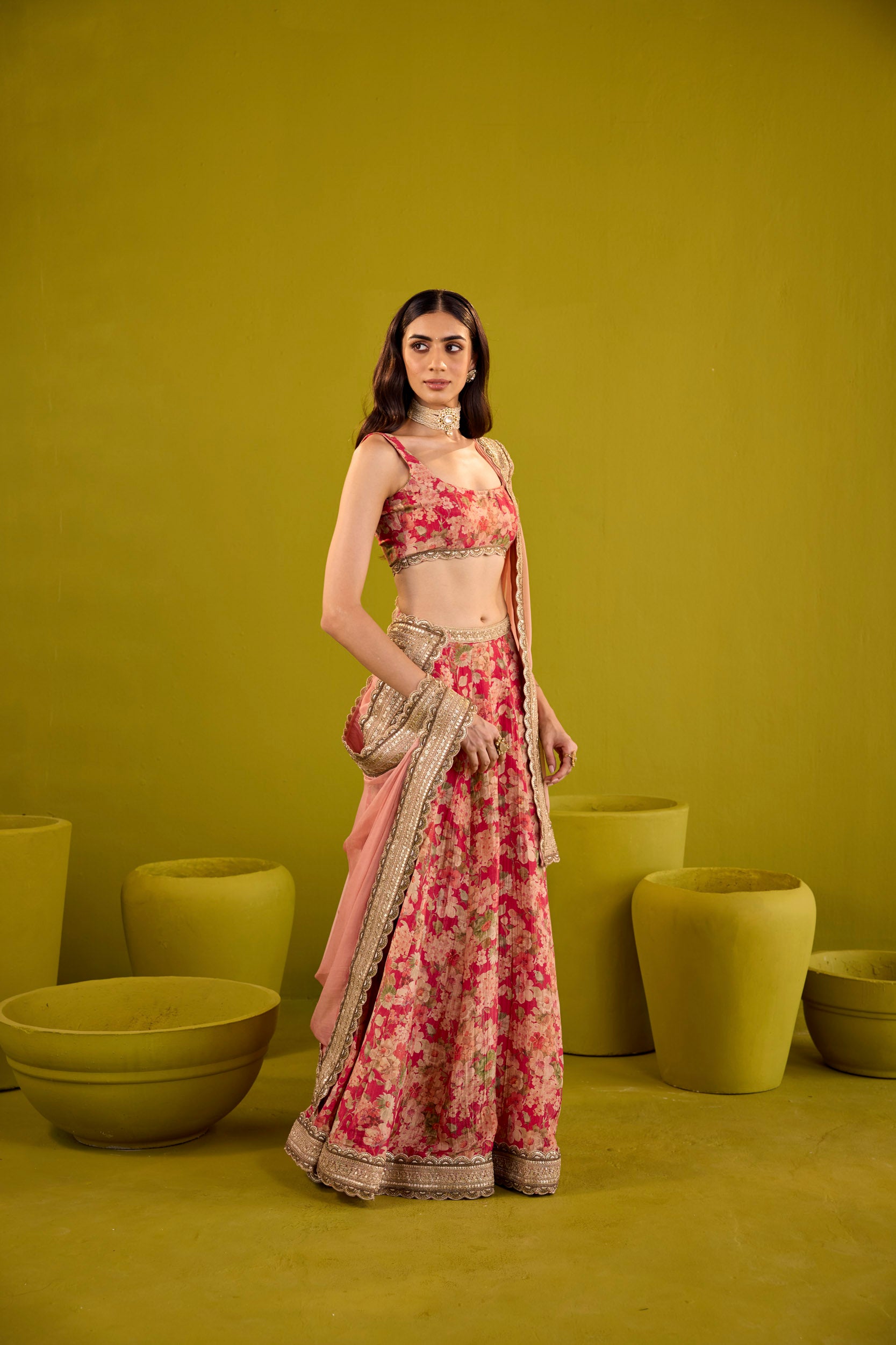 Mehroom Scarlett & Bronze Embellished Tissue Lehenga Set