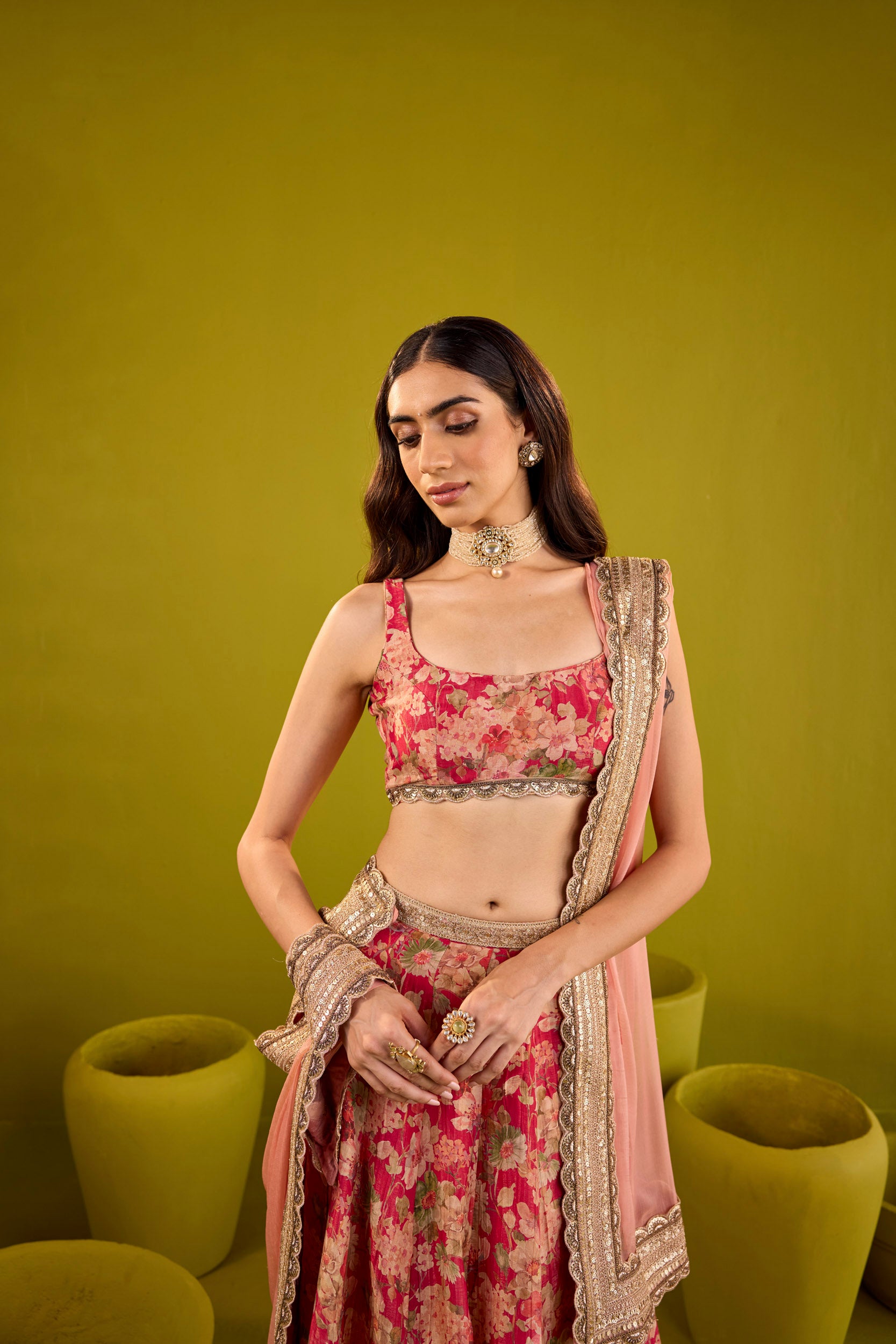 Mehroom Scarlett & Bronze Embellished Tissue Lehenga Set