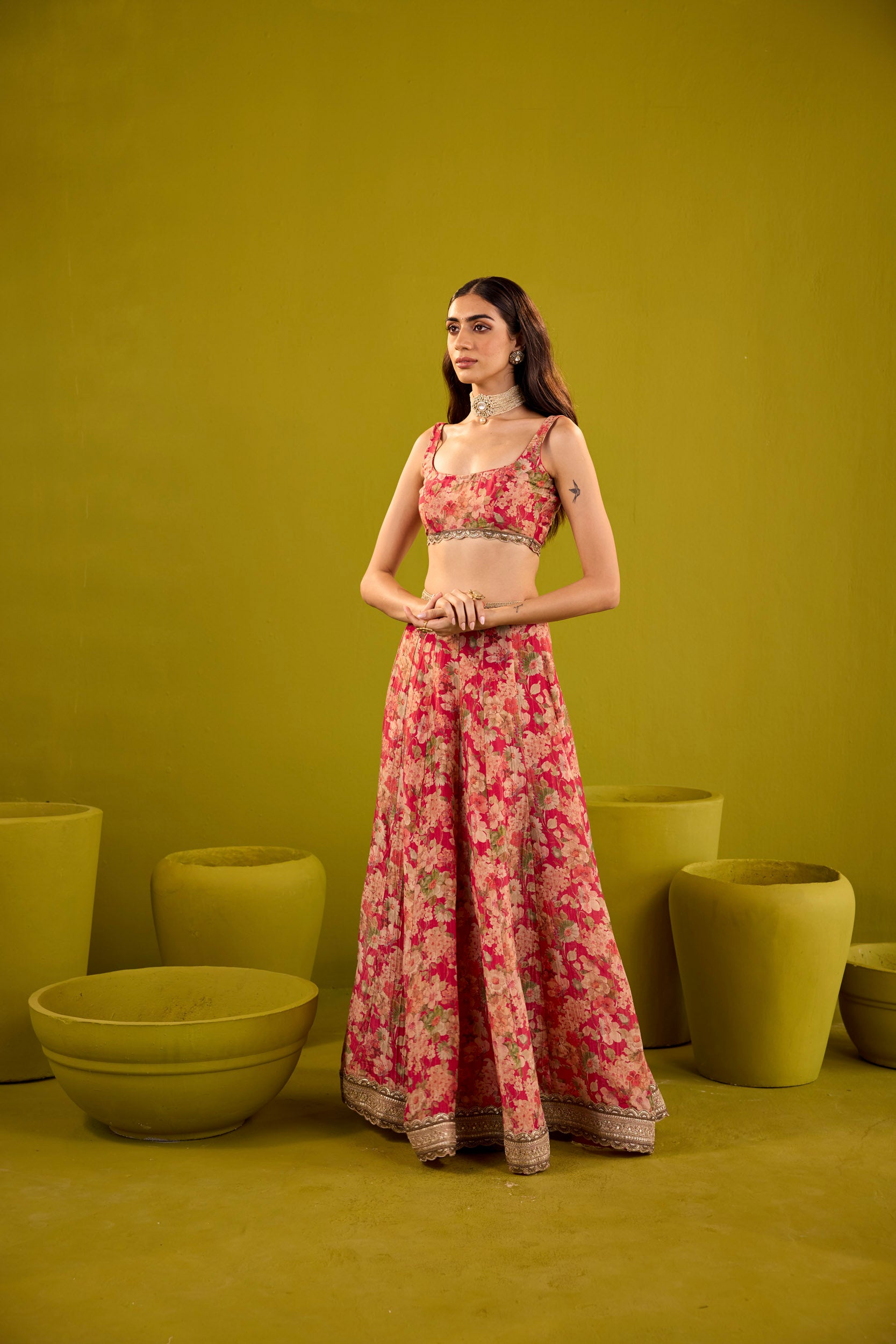 Mehroom Scarlett & Bronze Embellished Tissue Lehenga Set