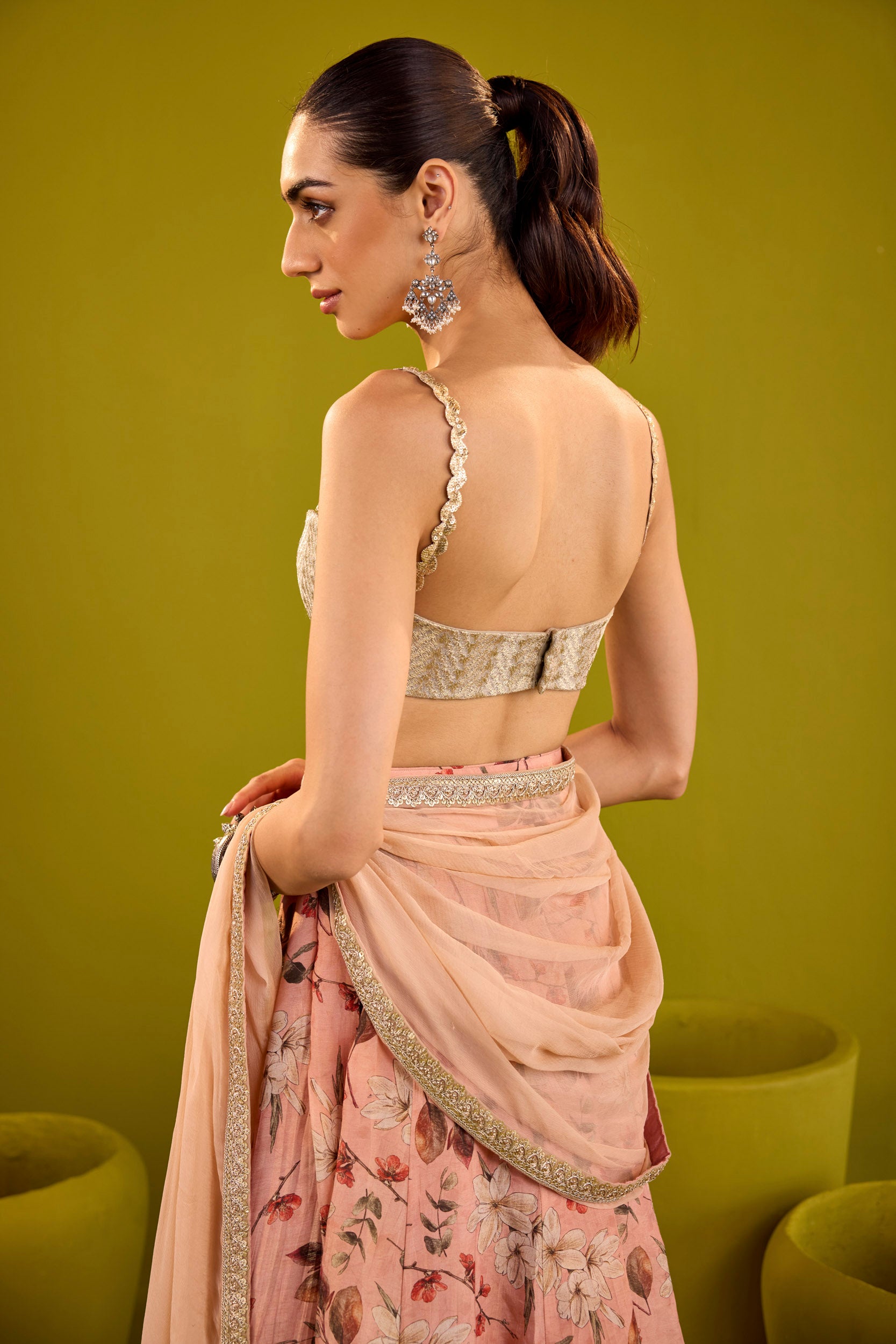 Keisha Peach & Silver Embellished Tissue Lehenga Set