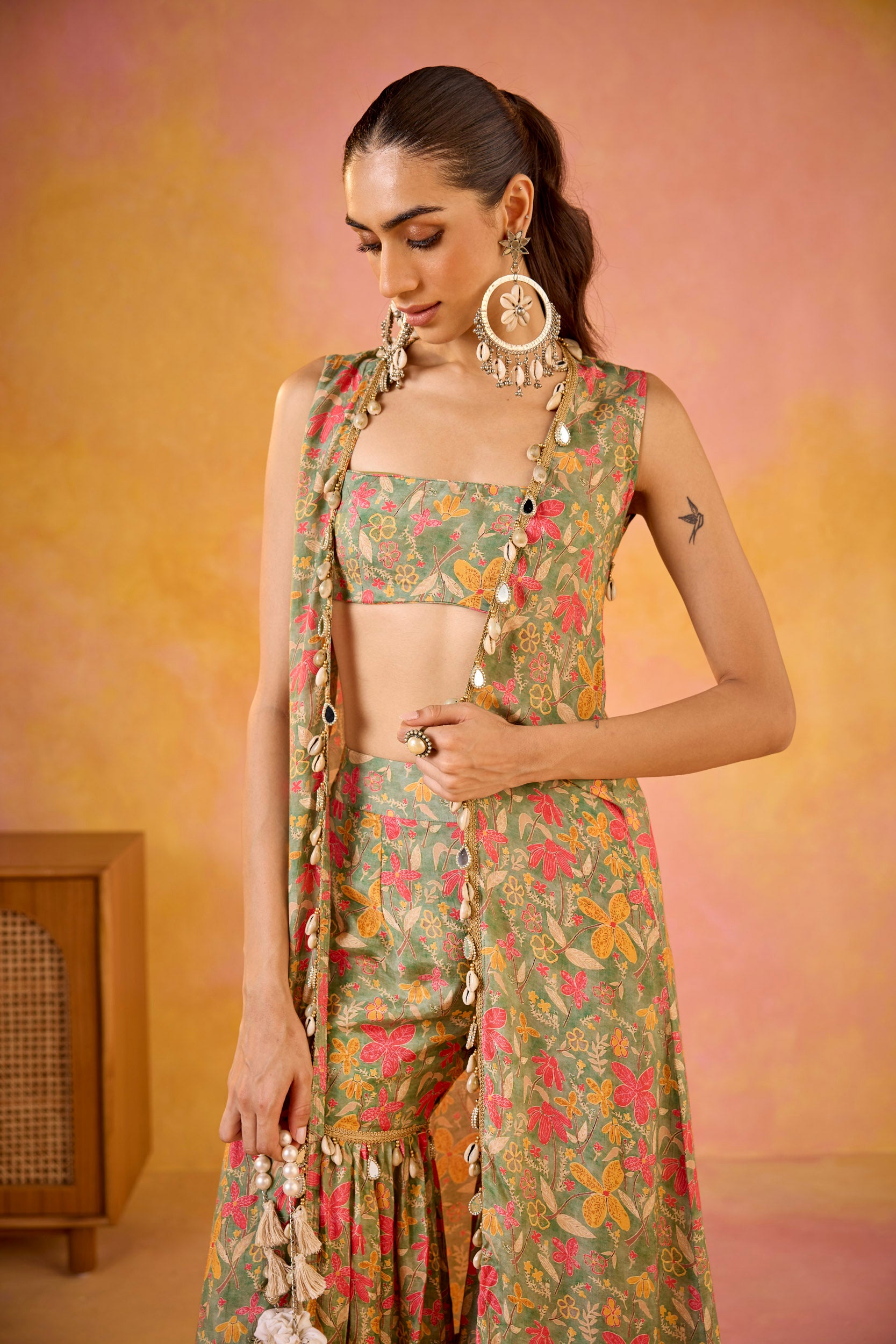 Aamna Green Muslin Blouse & Sharara Set With Cape