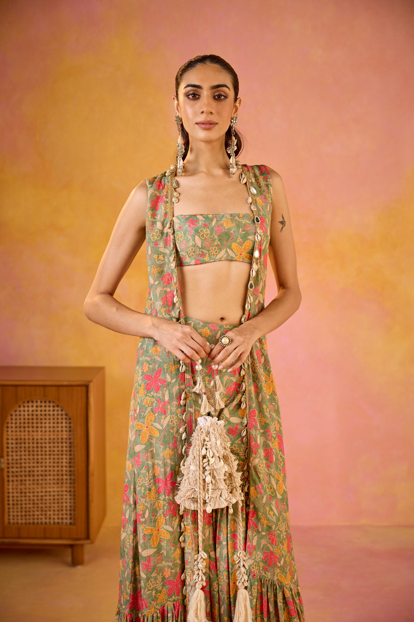 Aamna Green Muslin Blouse & Sharara Set With Cape