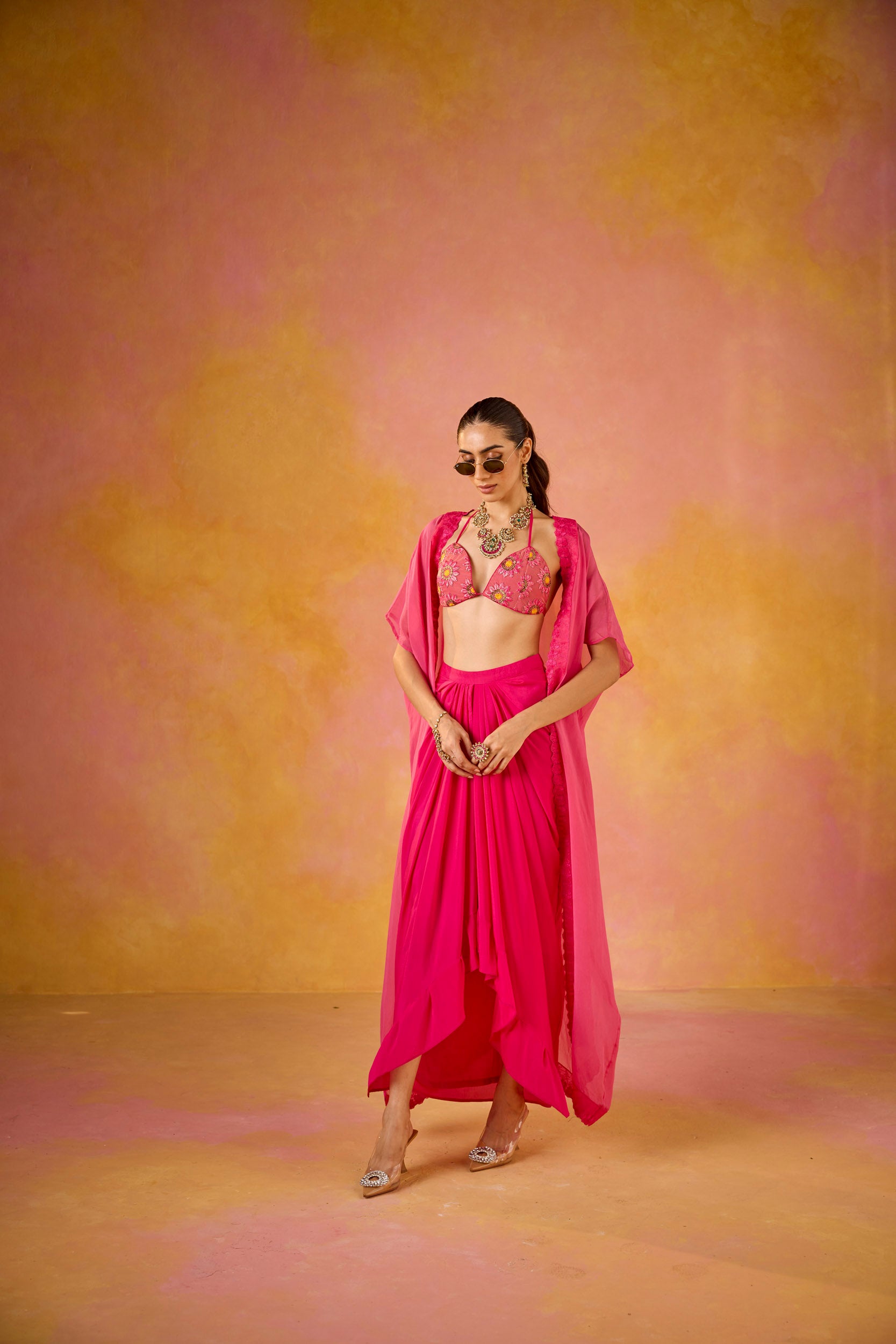 Zeba Hot Pink Embroidered Blouse & Crepe Skirt Set With Cape