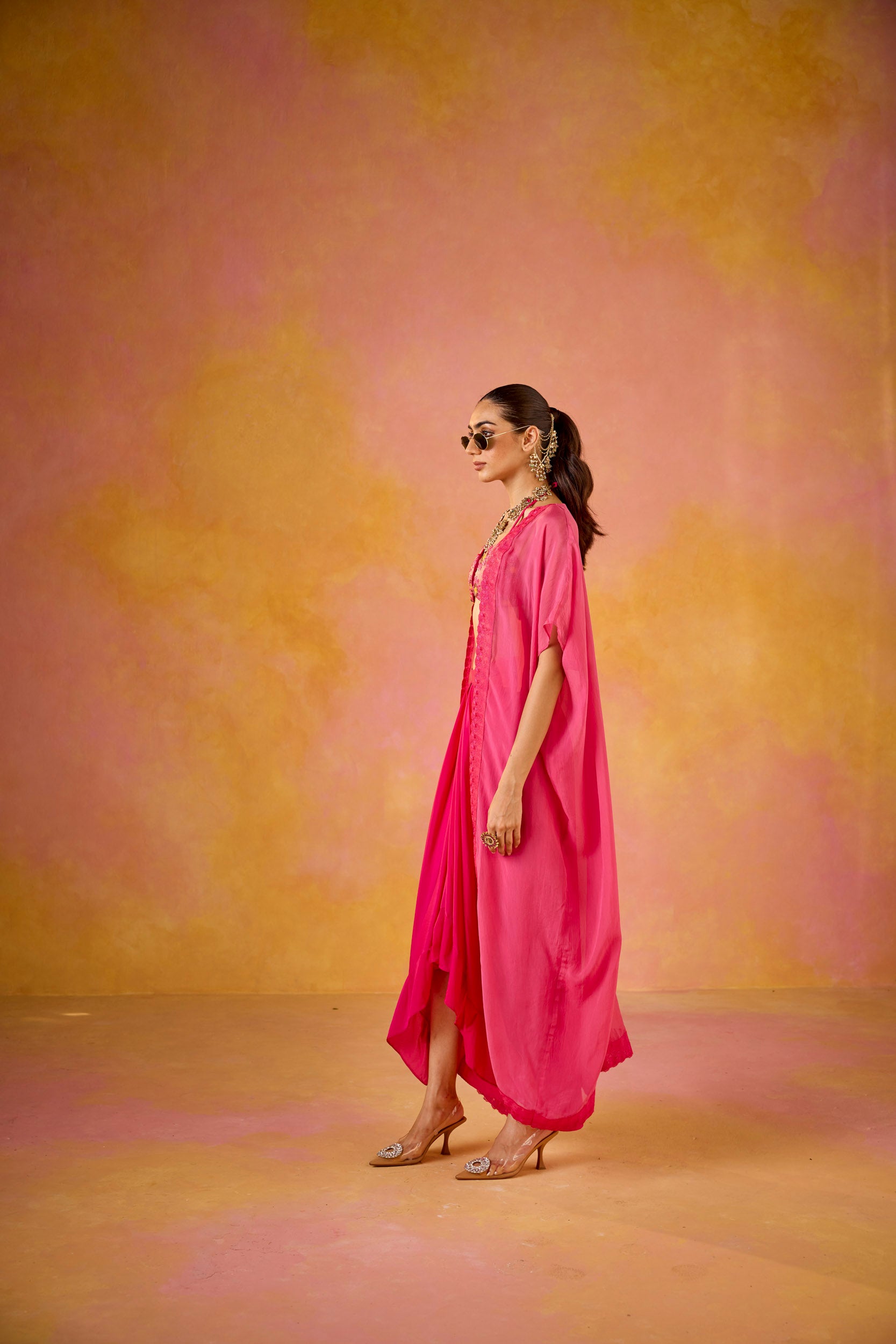 Zeba Hot Pink Embroidered Blouse & Crepe Skirt Set With Cape