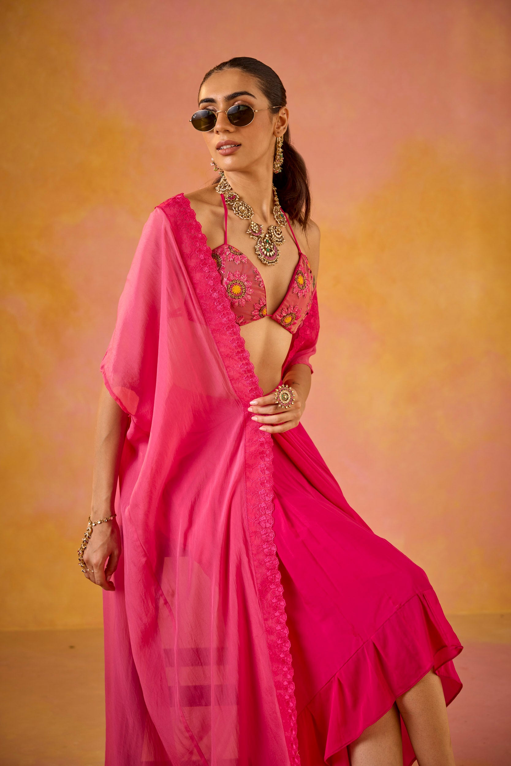 Zeba Hot Pink Embroidered Blouse & Crepe Skirt Set With Cape