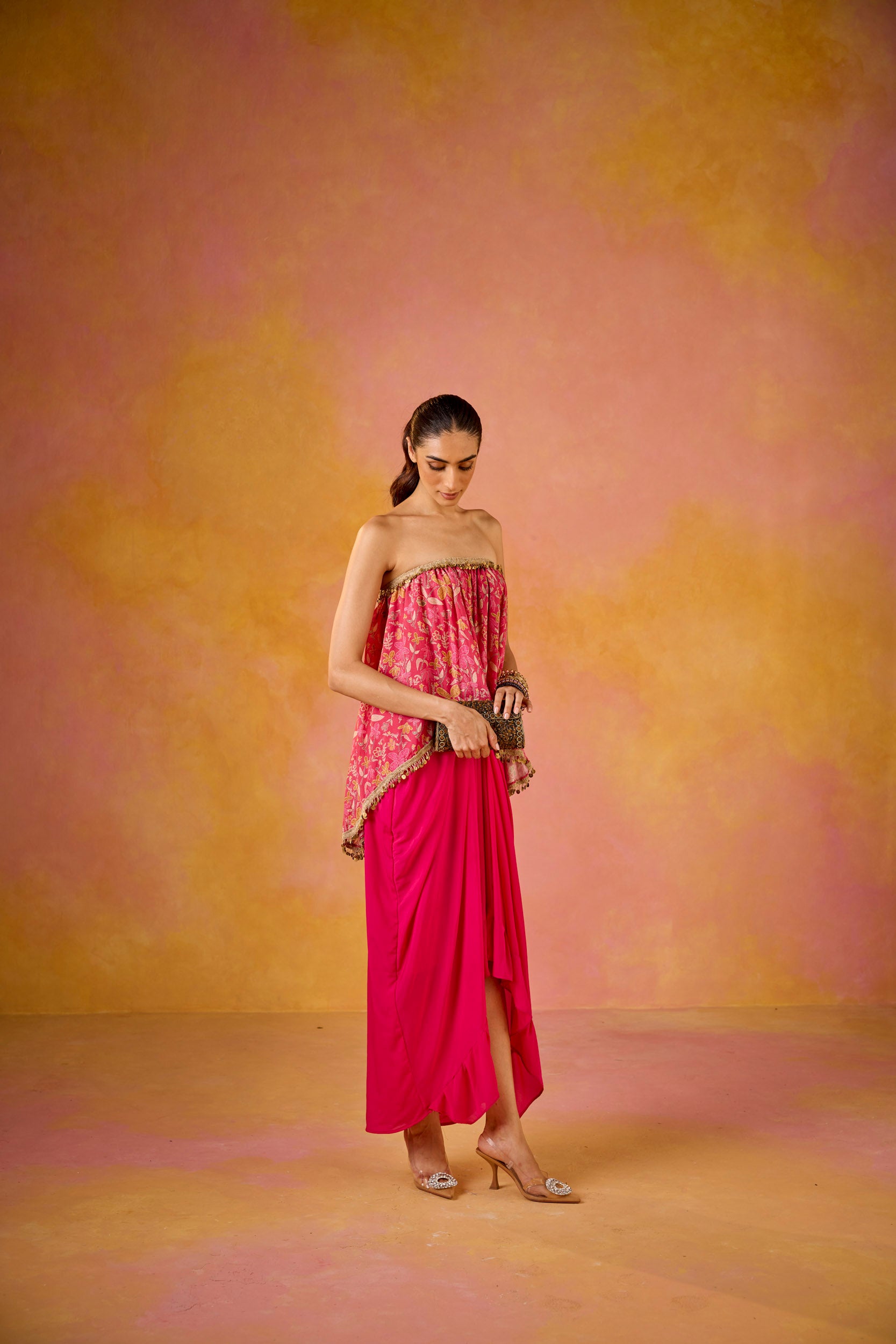 Aleesa Off-Shoulder Hot Pink Muslin Top & Crepe Skirt Set