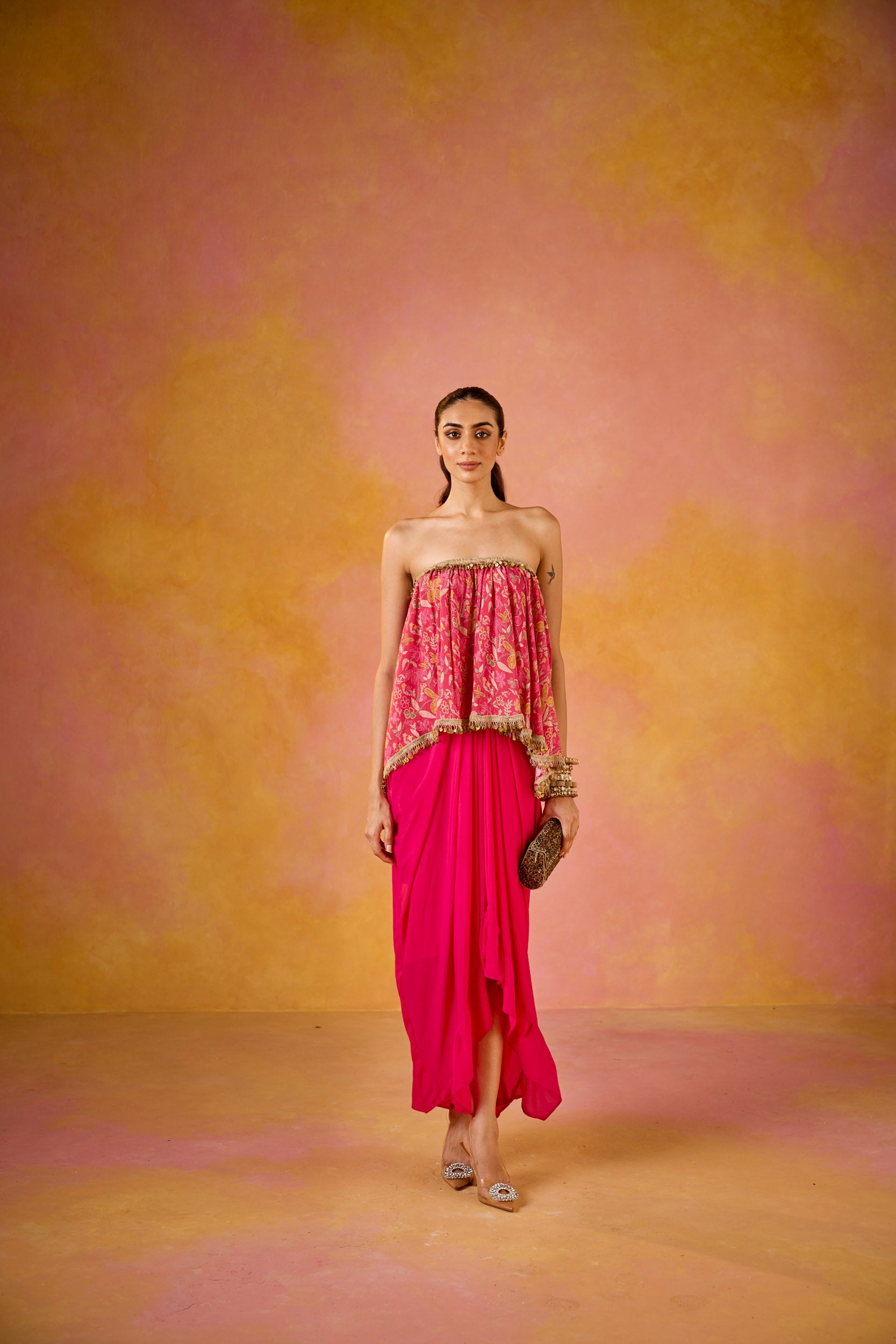 Aleesa Off-Shoulder Hot Pink Muslin Top & Crepe Skirt Set