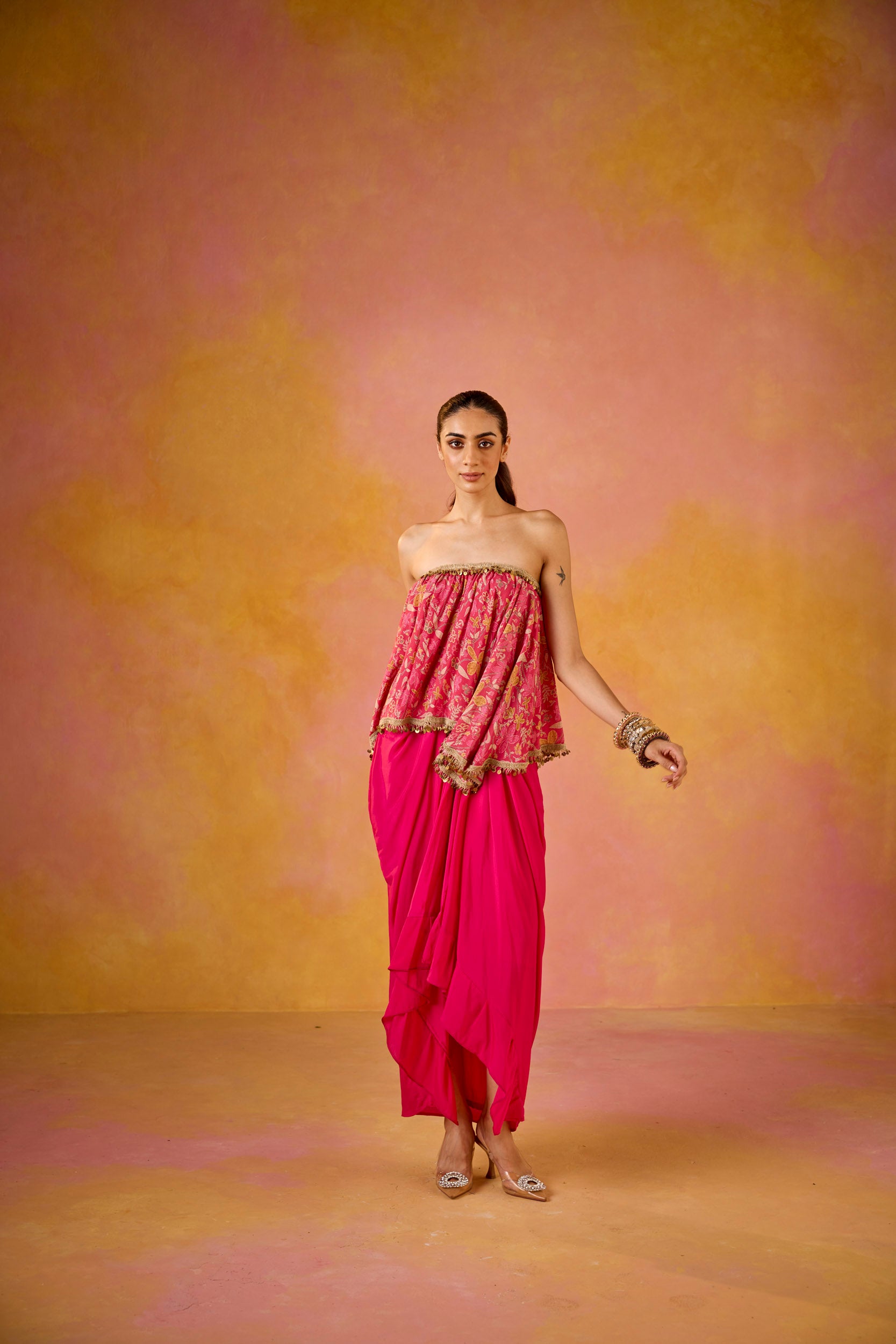 Aleesa Off-Shoulder Hot Pink Muslin Top & Crepe Skirt Set