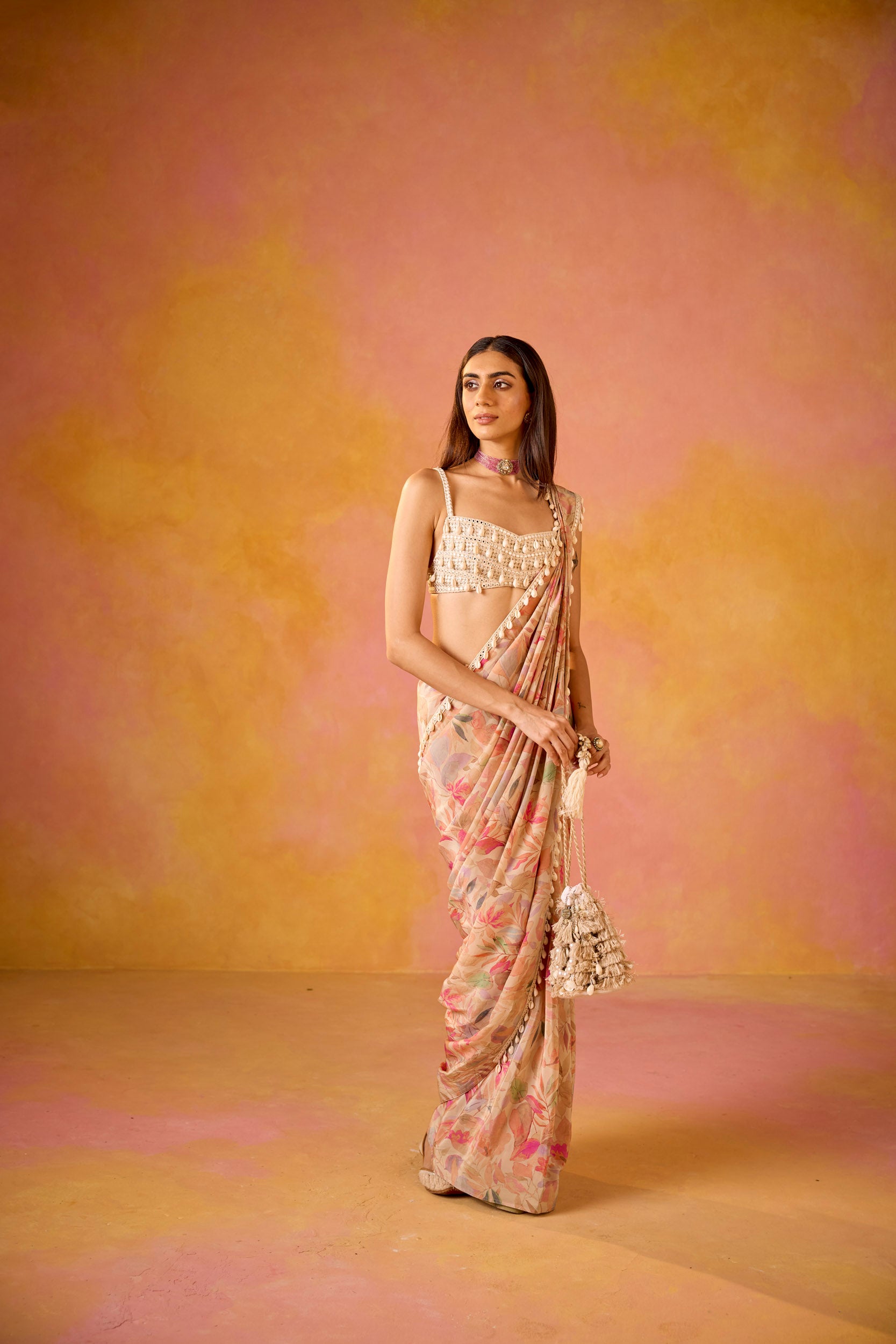 Leher Cream Crepe Saree With Cowrie Shell Embroidered Blouse