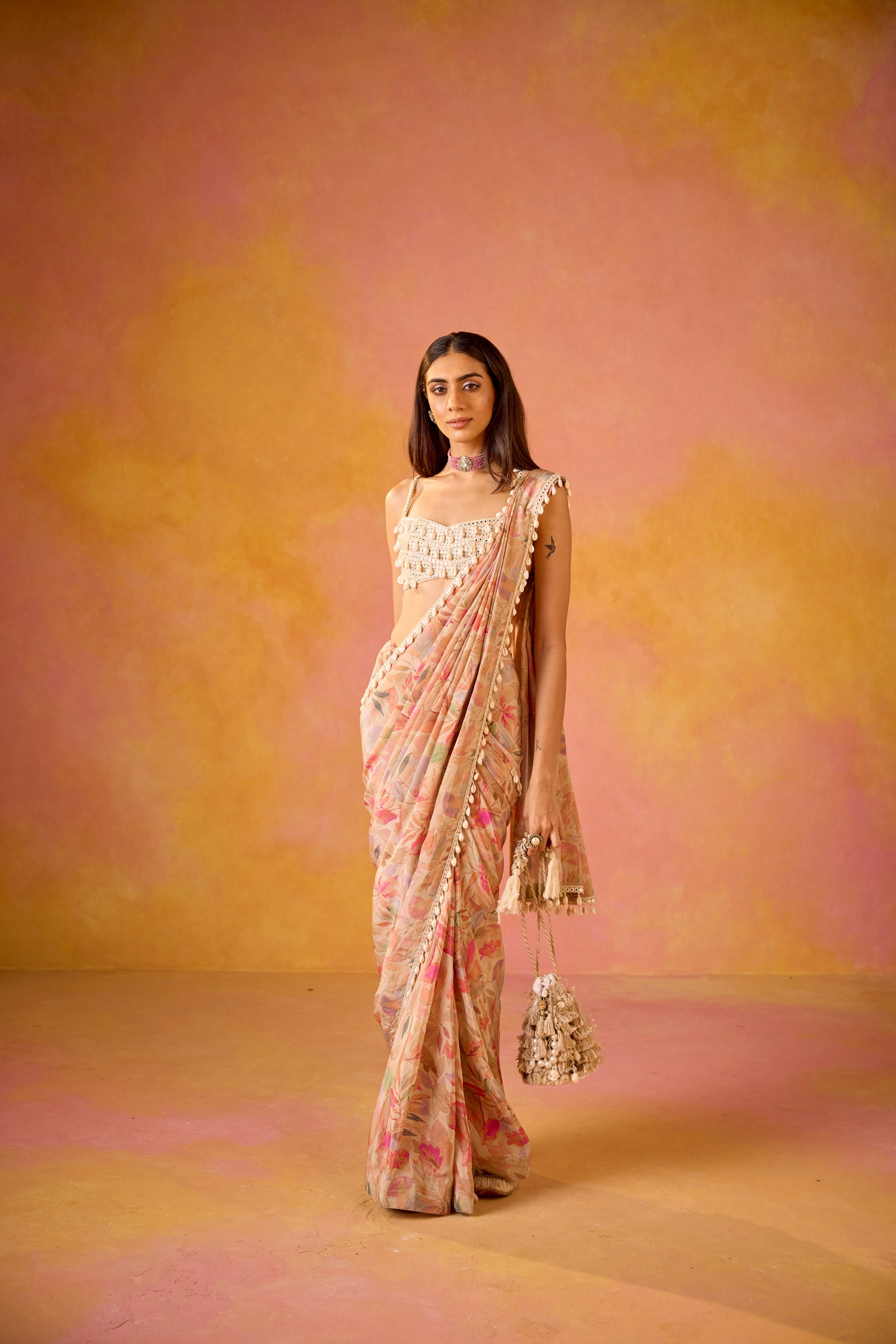 Leher Cream Crepe Saree With Cowrie Shell Embroidered Blouse