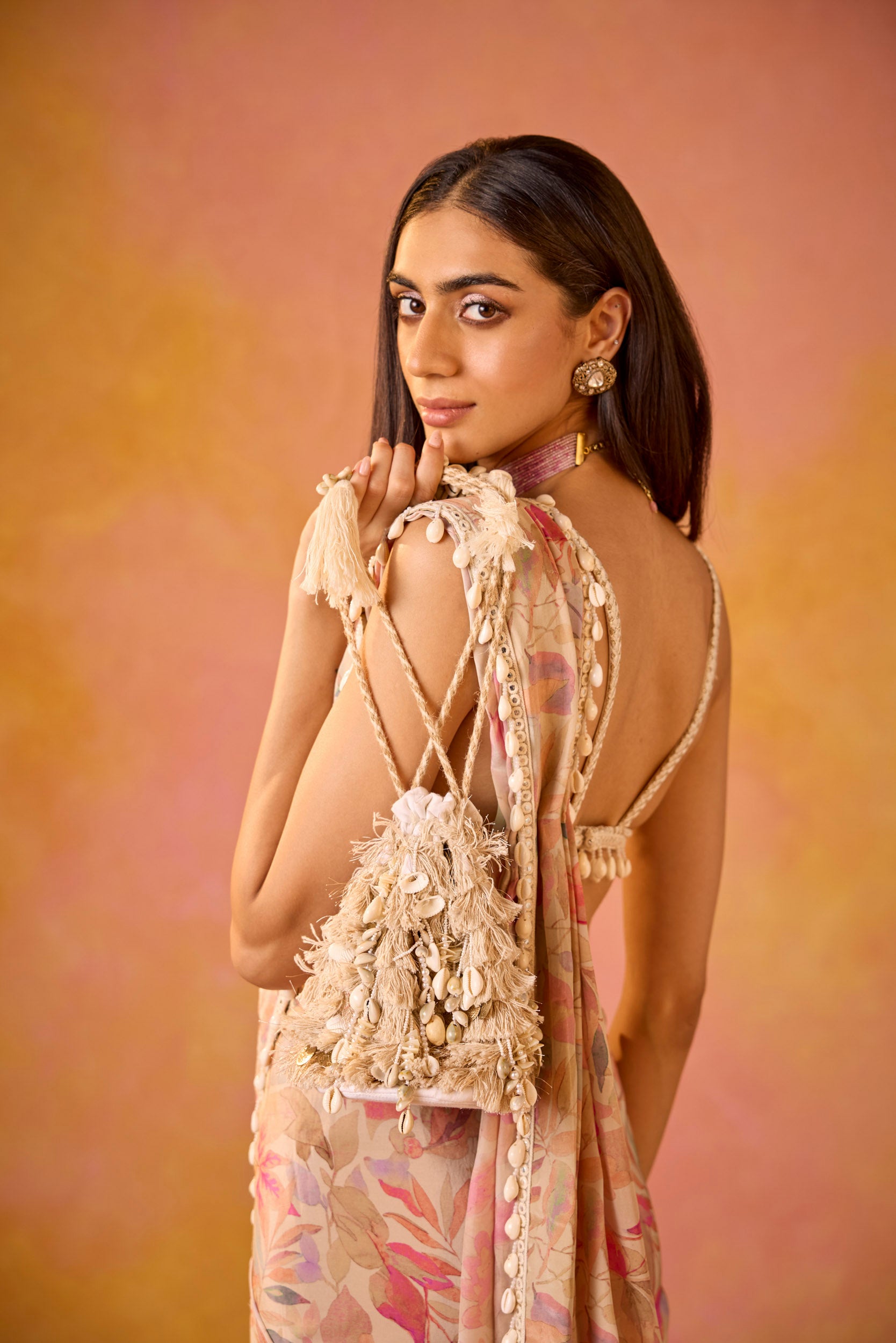 Leher Cream Crepe Saree With Cowrie Shell Embroidered Blouse