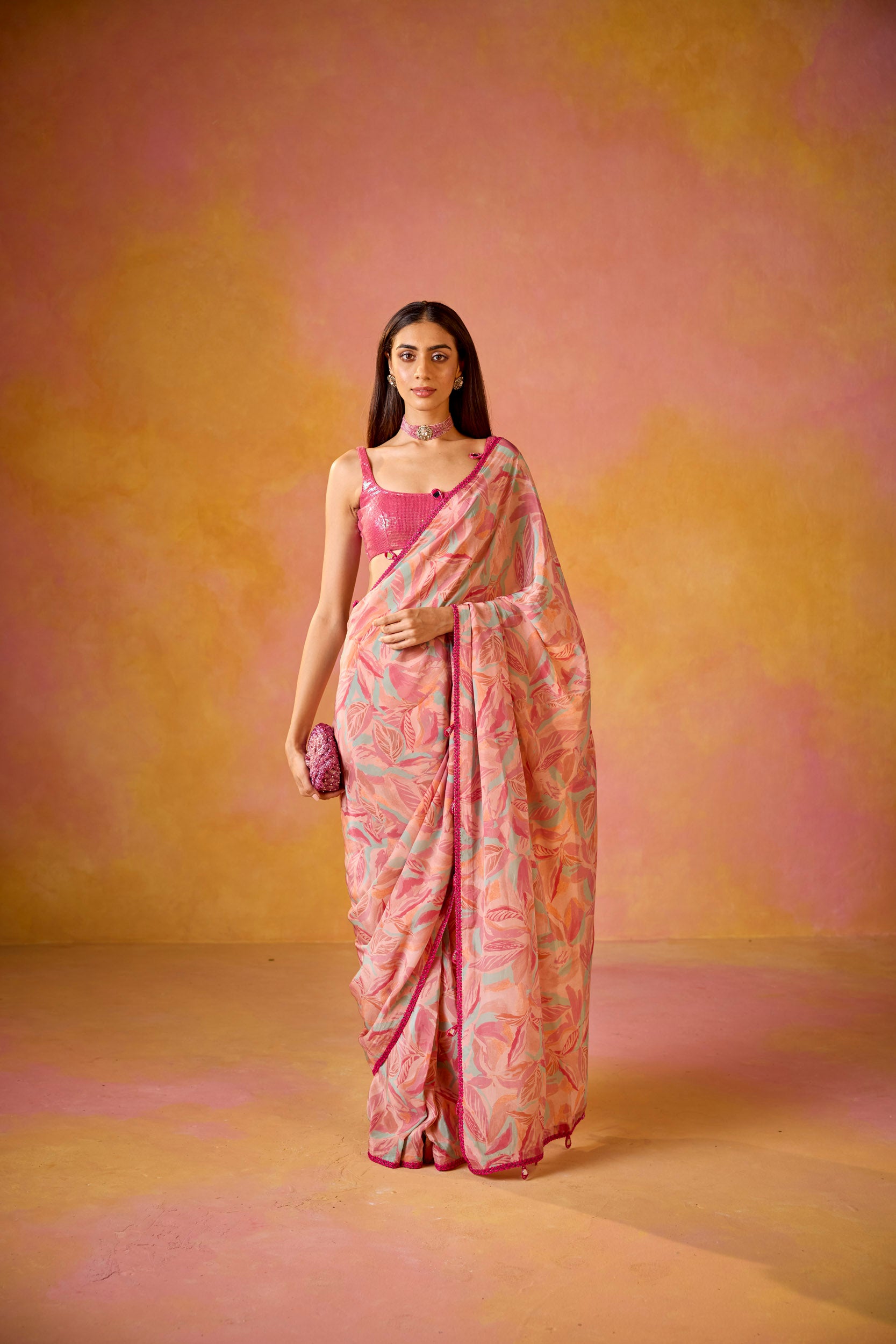 Sitara Pink Crepe Saree With Hot Pink Sequinned Blouse