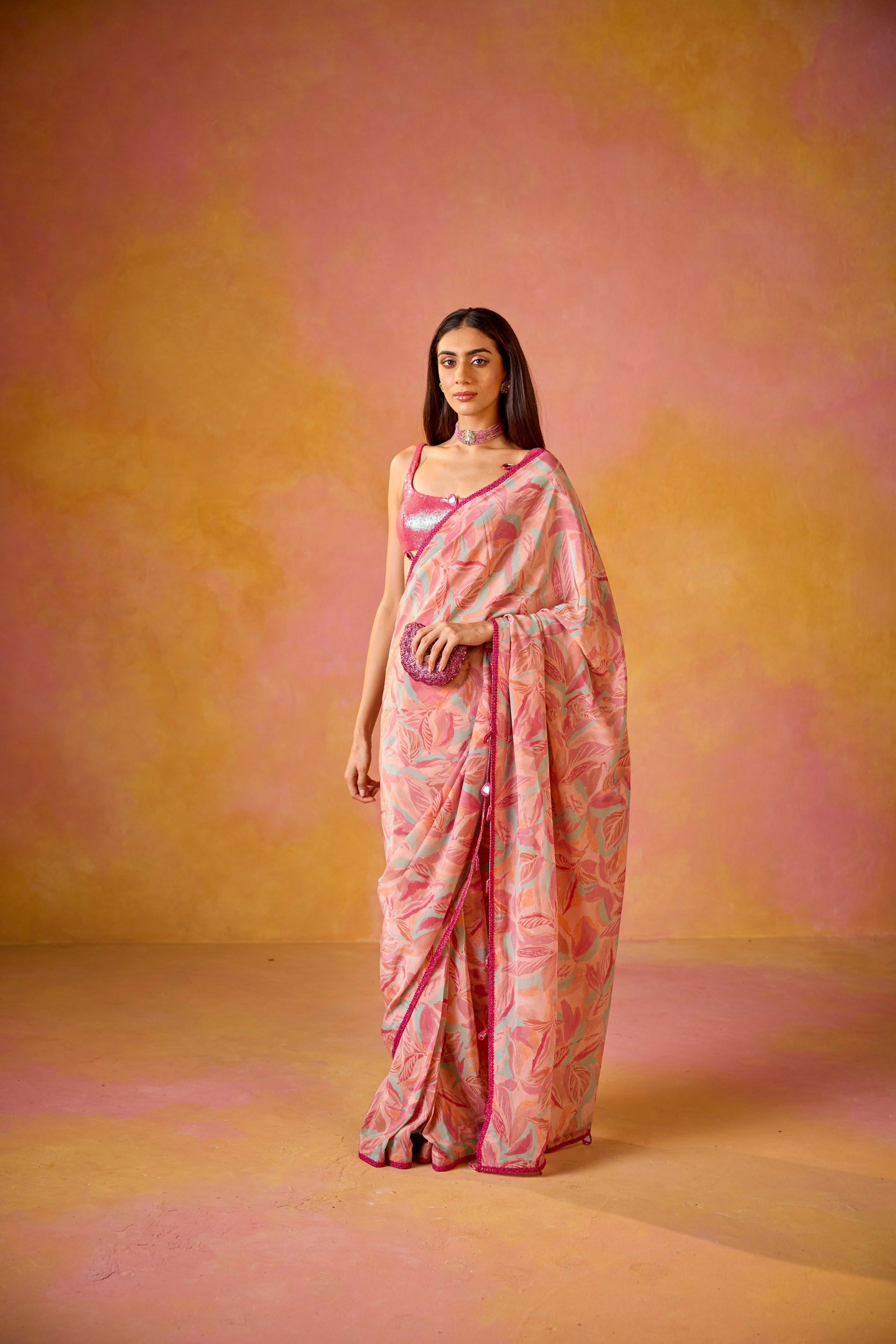 Sitara Pink Crepe Saree With Hot Pink Sequinned Blouse