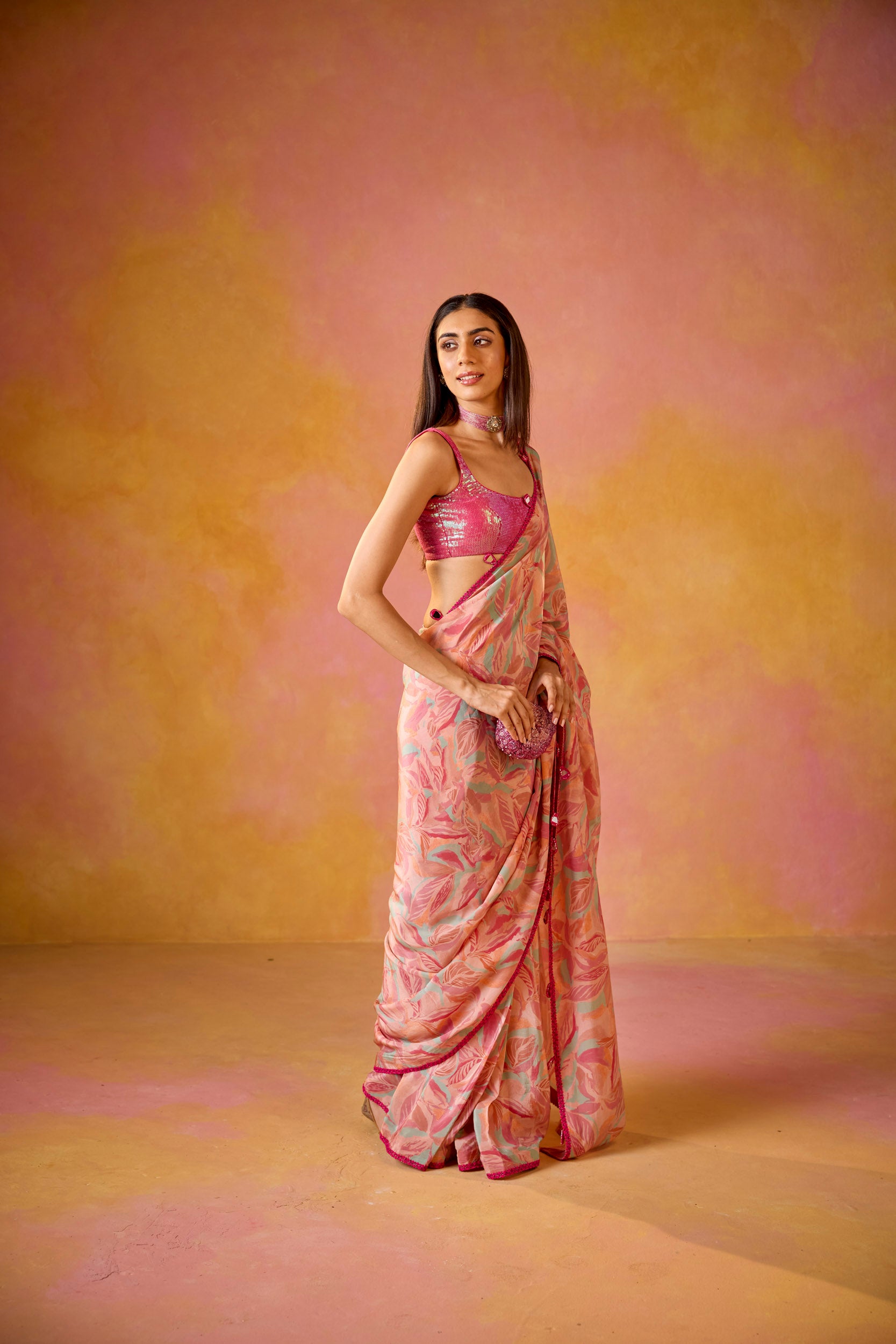 Sitara Pink Crepe Saree With Hot Pink Sequinned Blouse