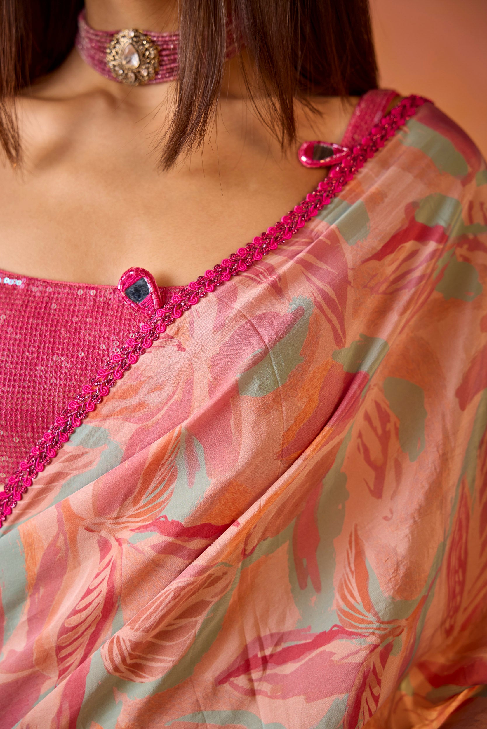 Sitara Pink Crepe Saree With Hot Pink Sequinned Blouse