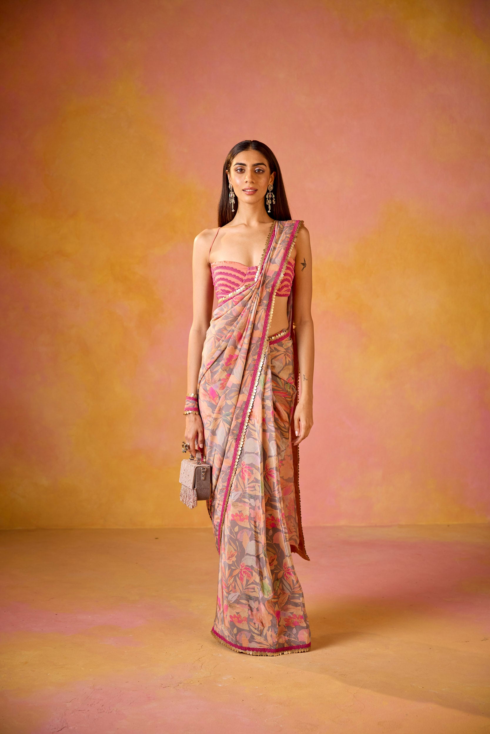 Aarzoo Grey Crepe Saree With Peach Embroidered Blouse