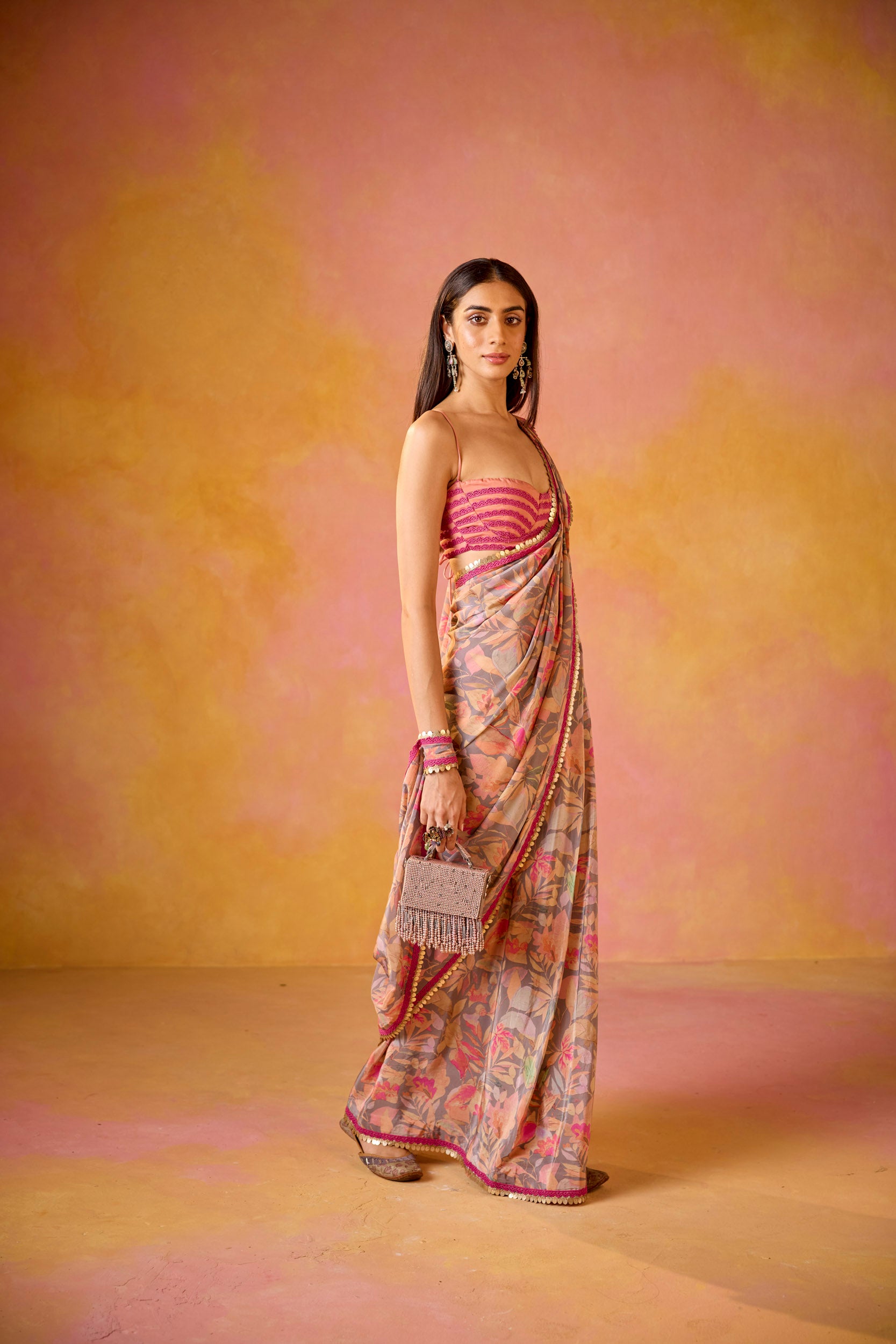 Aarzoo Grey Crepe Saree With Peach Embroidered Blouse