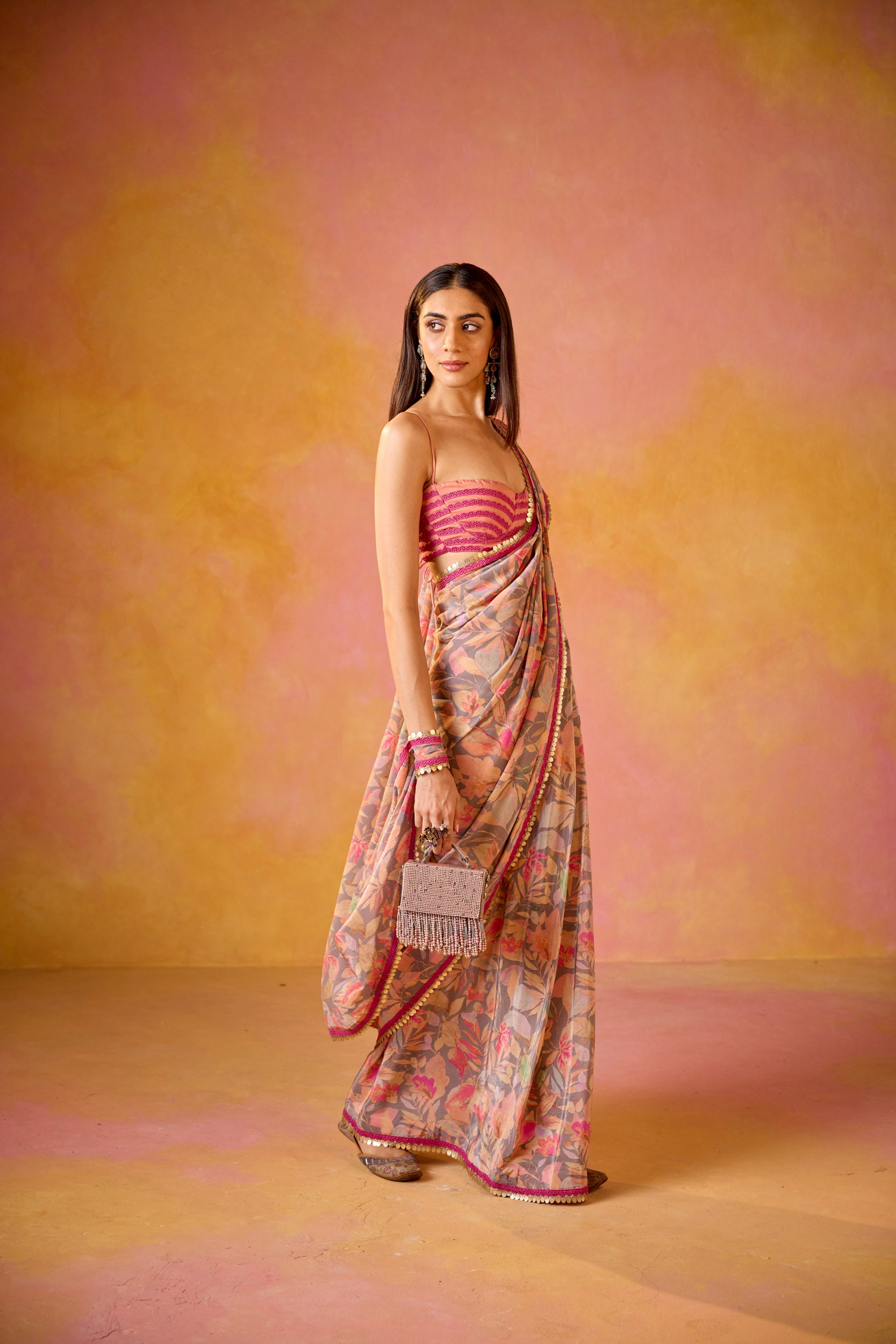 Aarzoo Grey Crepe Saree With Peach Embroidered Blouse