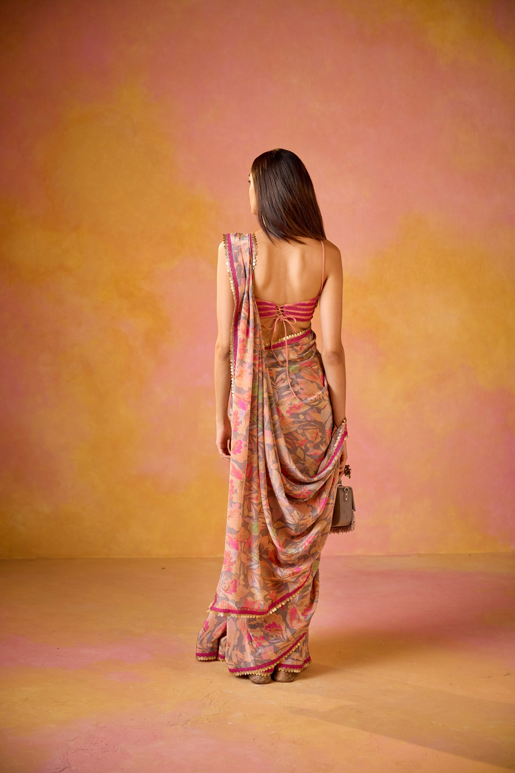 Aarzoo Grey Crepe Saree With Peach Embroidered Blouse