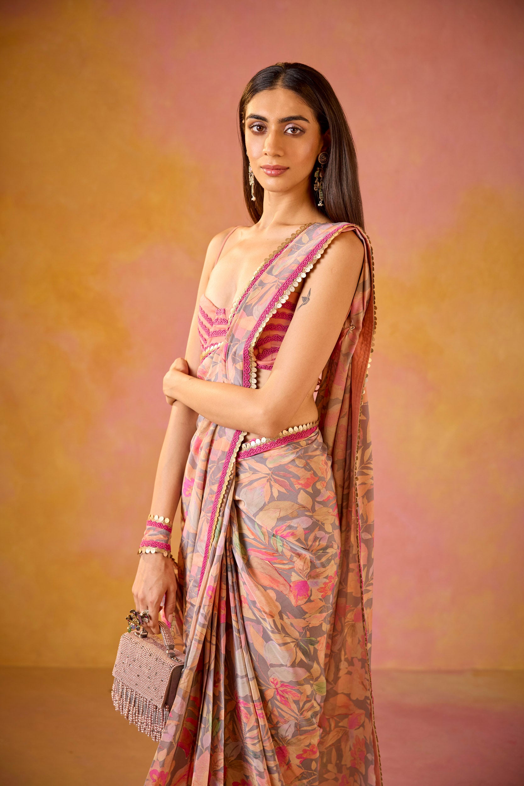 Aarzoo Grey Crepe Saree With Peach Embroidered Blouse