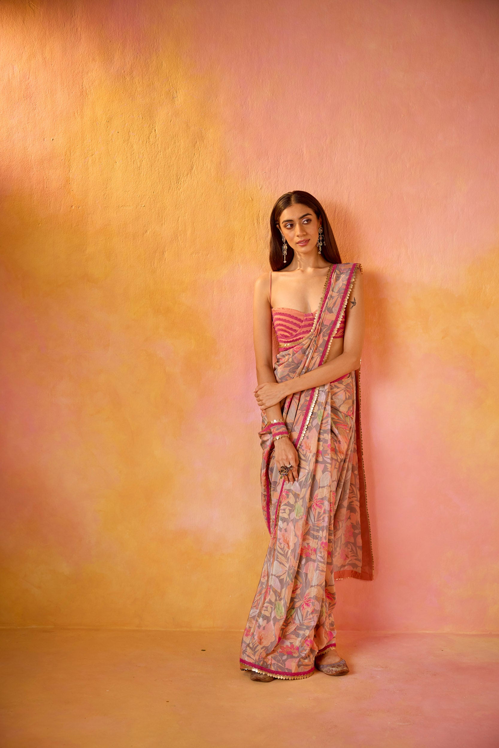 Aarzoo Grey Crepe Saree With Peach Embroidered Blouse